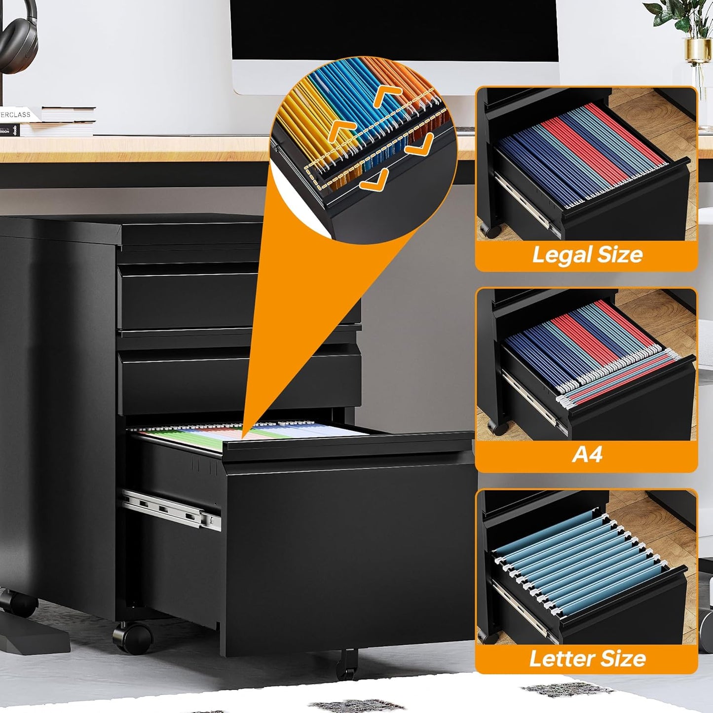 STANI 3 Drawer Mobile File Cabinet with Lock Rolling Mobile File Cabinet Locking Office Mobile Cabinet with Wheels Under Desk Office Drawers Metal Filing Cabinet Fully Assembled