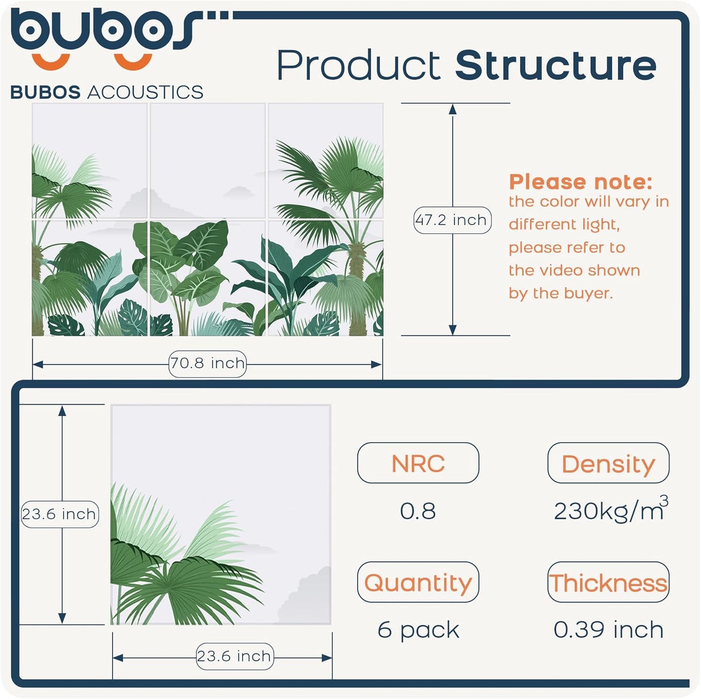 BUBOS 6 Pack Art Acoustic Panels Soundproof Wall Panel,70.8X47.2 Inches Large Sound Absorbing Panel,Self-adhesive Decorative Acoustical Wall Panels, Acoustic Treatment for Home Office（Green Leaves）