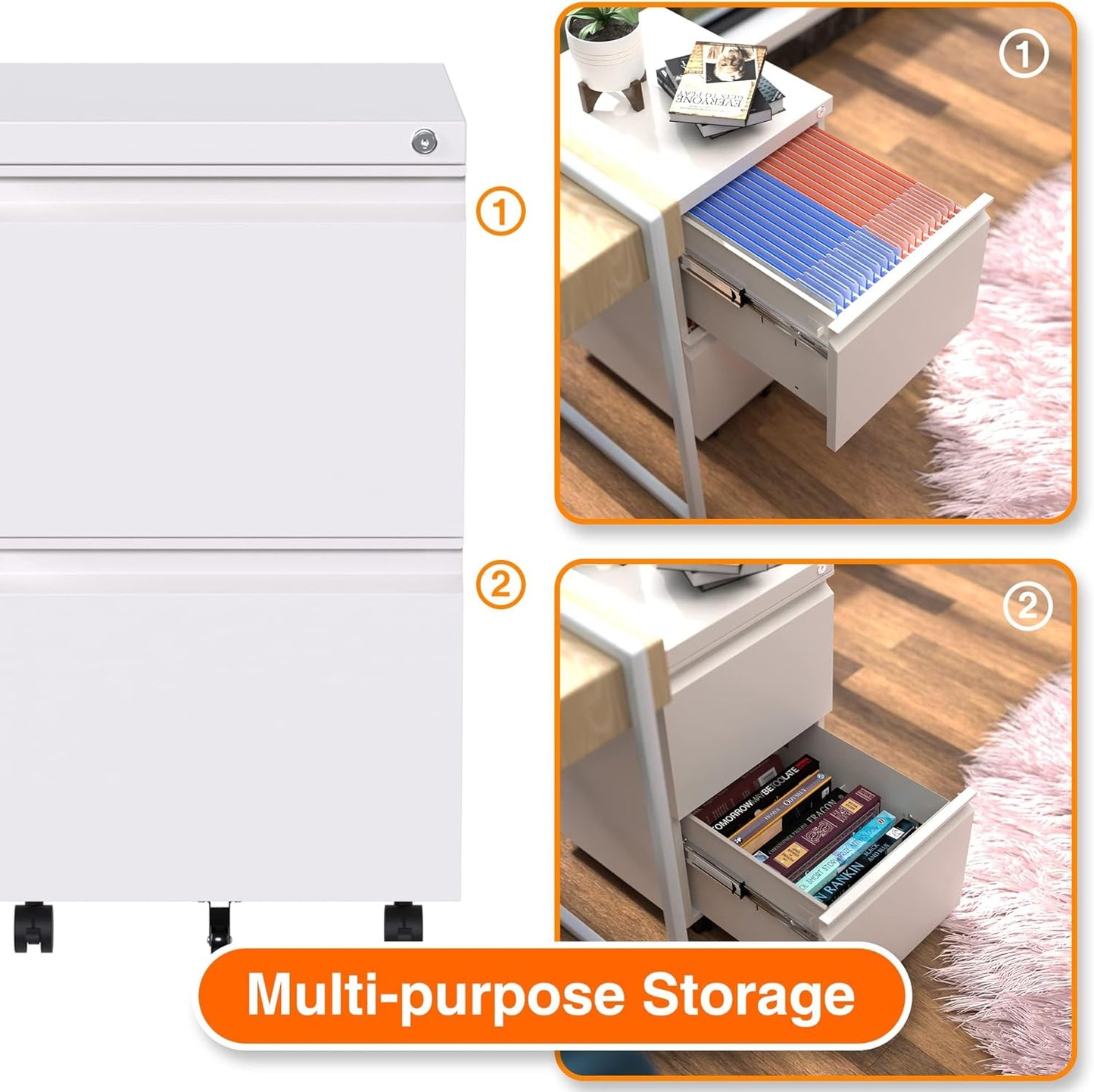 Aobabo Metal 2 Drawer Office File Cabinet with Lock, Under Desk Office Steel Files Cabinet on Wheels, 25.6''H Legal/Letter A4 Size, Fully Assembled Except Wheels,White