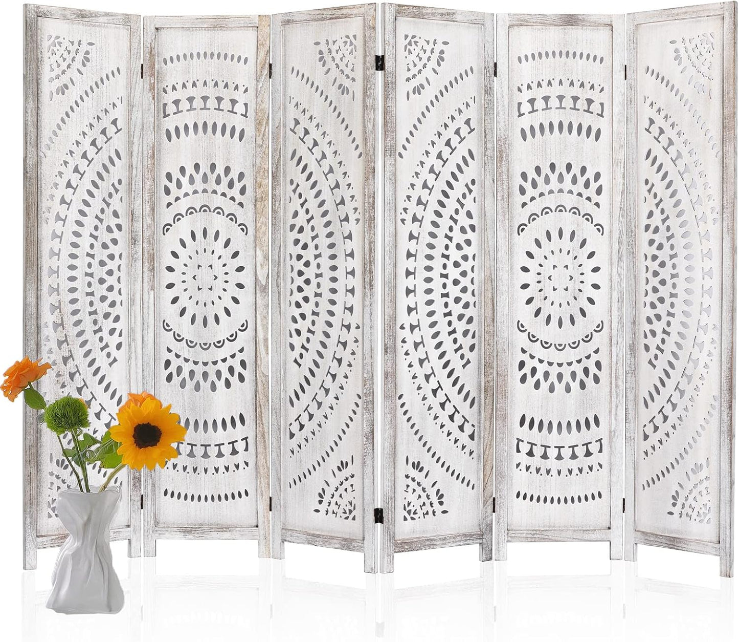 6 Panel Handcrafted Carved Room Divider Screen, 360° Adjustable Wood Folding Privacy Screens for Room Separation, 66.9 Inch Partition Room Dividers for Home Bedroom Office, White