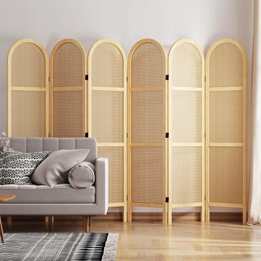 Room Dividers and Folding Privacy Screens, 5.6 Ft Double Hinged Rattan Partition Freestanding Wall Room Divider for Home - 6 Panels (Natural)
