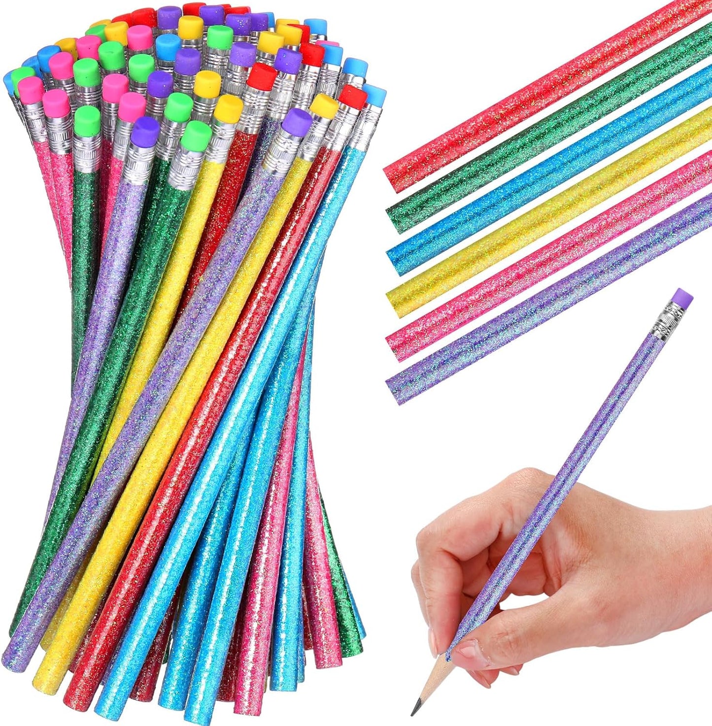 TecUnite 60 Pcs HB Pencils #2 Unsharpened Wood Cased Pencils with Eraser Hexagonal Pencil Cute Graphite No 2 Pen for Adults Gifts Exam School Office Sketching Learning (Glitter Color, Silver)