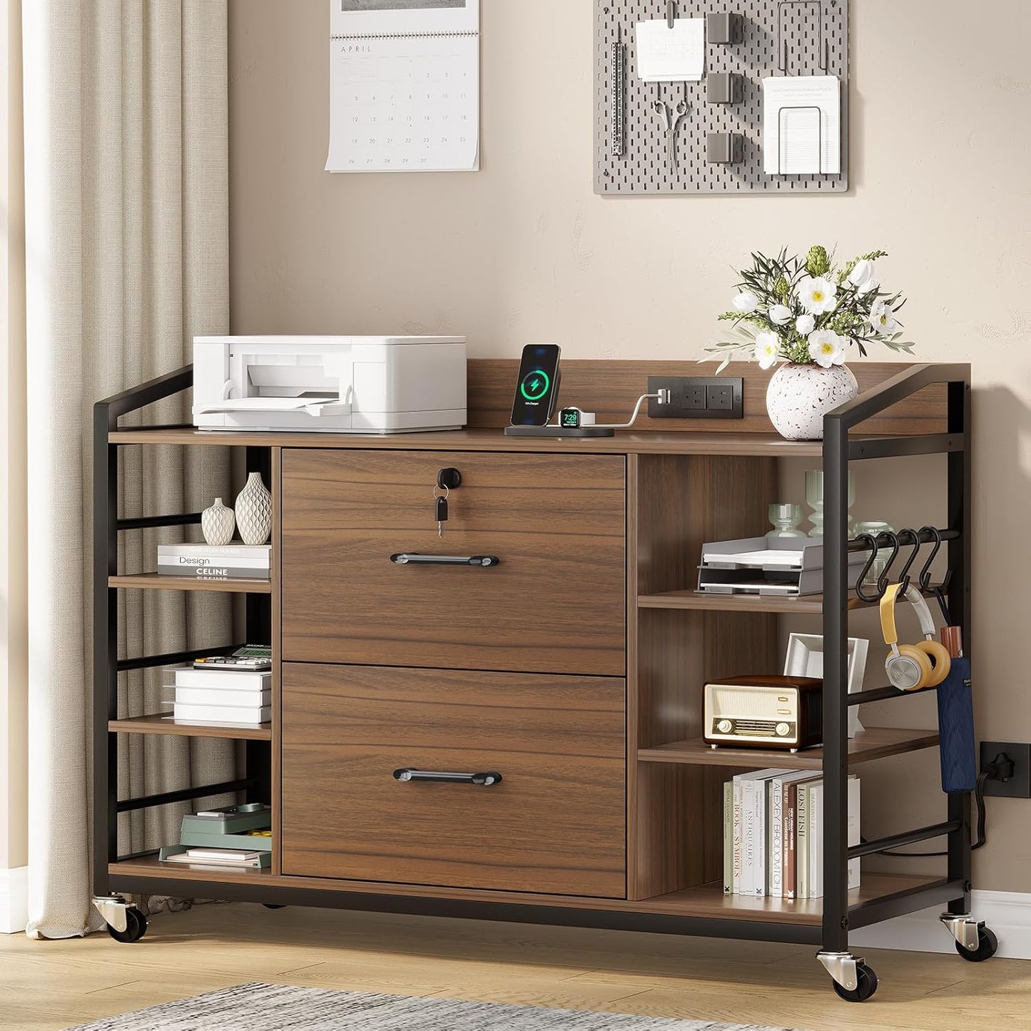 SEDETA 44" File Cabinet, Filing Cabinet fits Legal/Letter Size, 2 Drawer File Cabinets for Home Office with Lock, Power Strip, 6 Storage Shelves, Walnut Brown