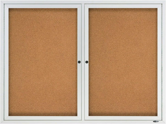 Quartet Cork Bulletin Board, 2 Glass Doors, Enclosed, 4' x 3', Outdoor Message Board, Aluminum Frame (2124)