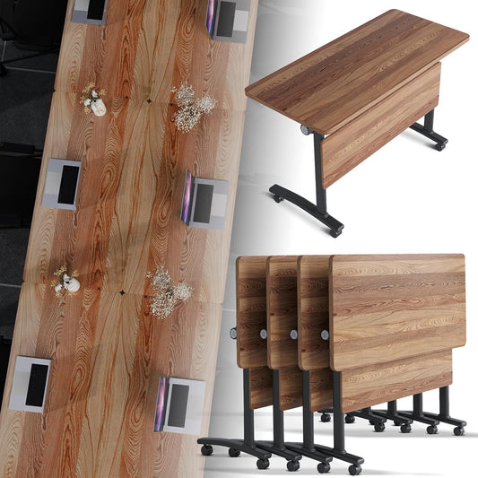 Folding Conference Room Table, Modern Conference Tables with Silent Wheels, Large Rectangular Mobile Training Tables for Office Classroom, Foldable Modular Boardroom Seminar Table (4pack L63in)