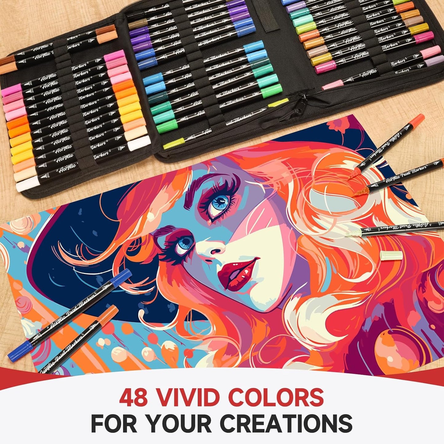 Acrylic Paint Markers, 48 Color Dual Tip Acrylic Paint Pens with Brush and Fine Tips for Rock Painting,Wood,Canvas,Ceramic,Card Making,Vibrant Color Ideal for Artists, Crafters & DIY Projects