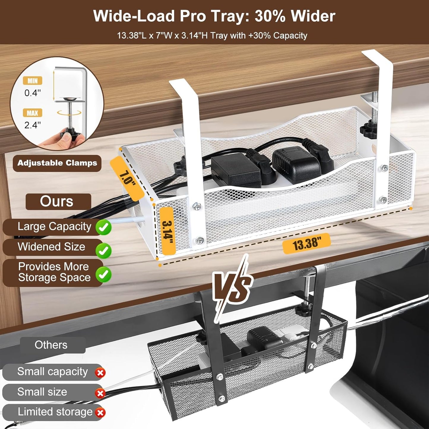 Extra Wide 7inch Under Desk Cable Management - No Drill Installation Cable Management Tray, Modern Cord Organizer for Office/Home Desk