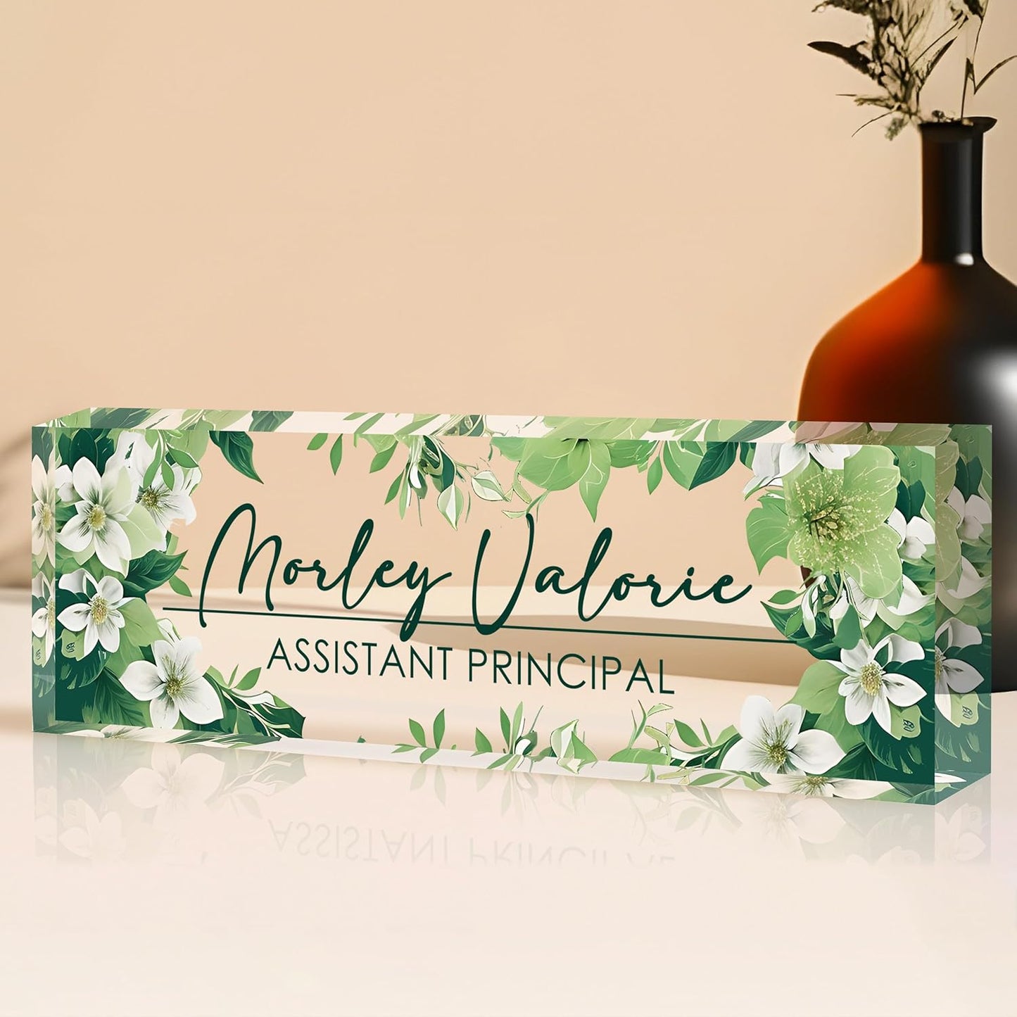 Custom Name Plate for Desk | Personalized Desk Name Plate | Personalized Boss Employee Appreciation Gifts | Acrylic Name Plate Office Desk Accessories (B-Green Flower)