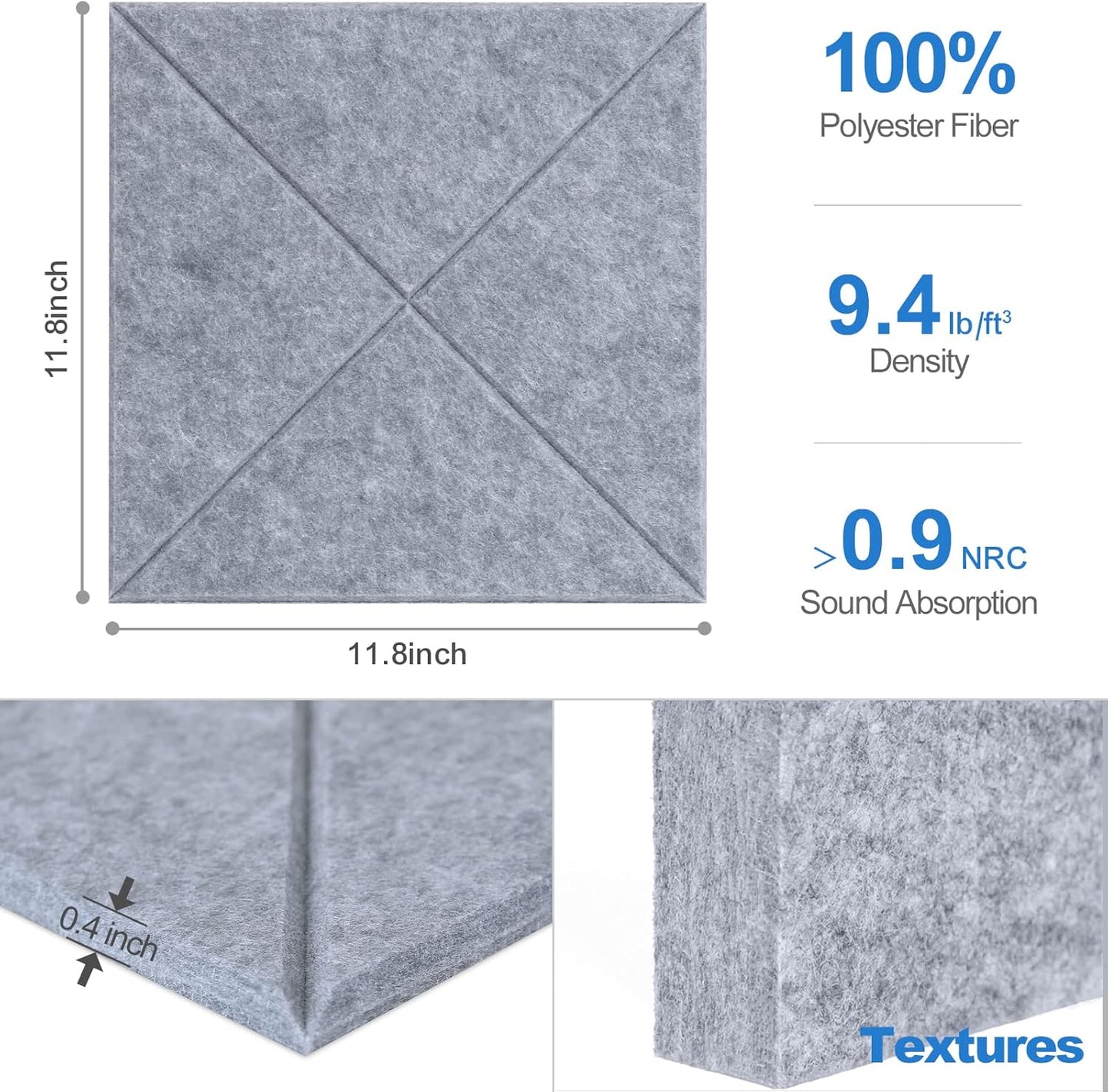 Sonicism 12 Pack X-Lined Acoustic Panels with Self-Adhesive, 12"X 12"X 0.4" Sound Proof Foam Panels, Decorative Soundproof Wall Panels, Sound Absorbing Tile for Home & Offices, Gray