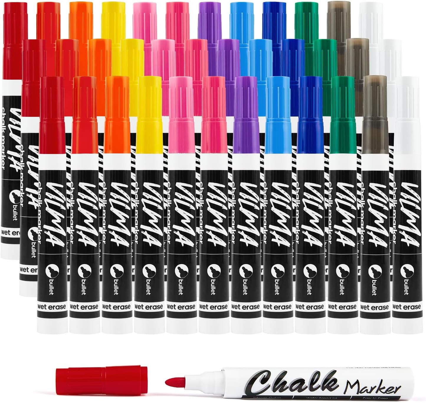 VILMA Liquid Chalk Markers 36 Pack – 12 Bright Colors – Wet Erase, Dust-Free, Non-Toxic Chalk Pens with Round Tip for Teachers, Classrooms, Chalkboards, Glass, Windows, LED Boards, Bistro Signs