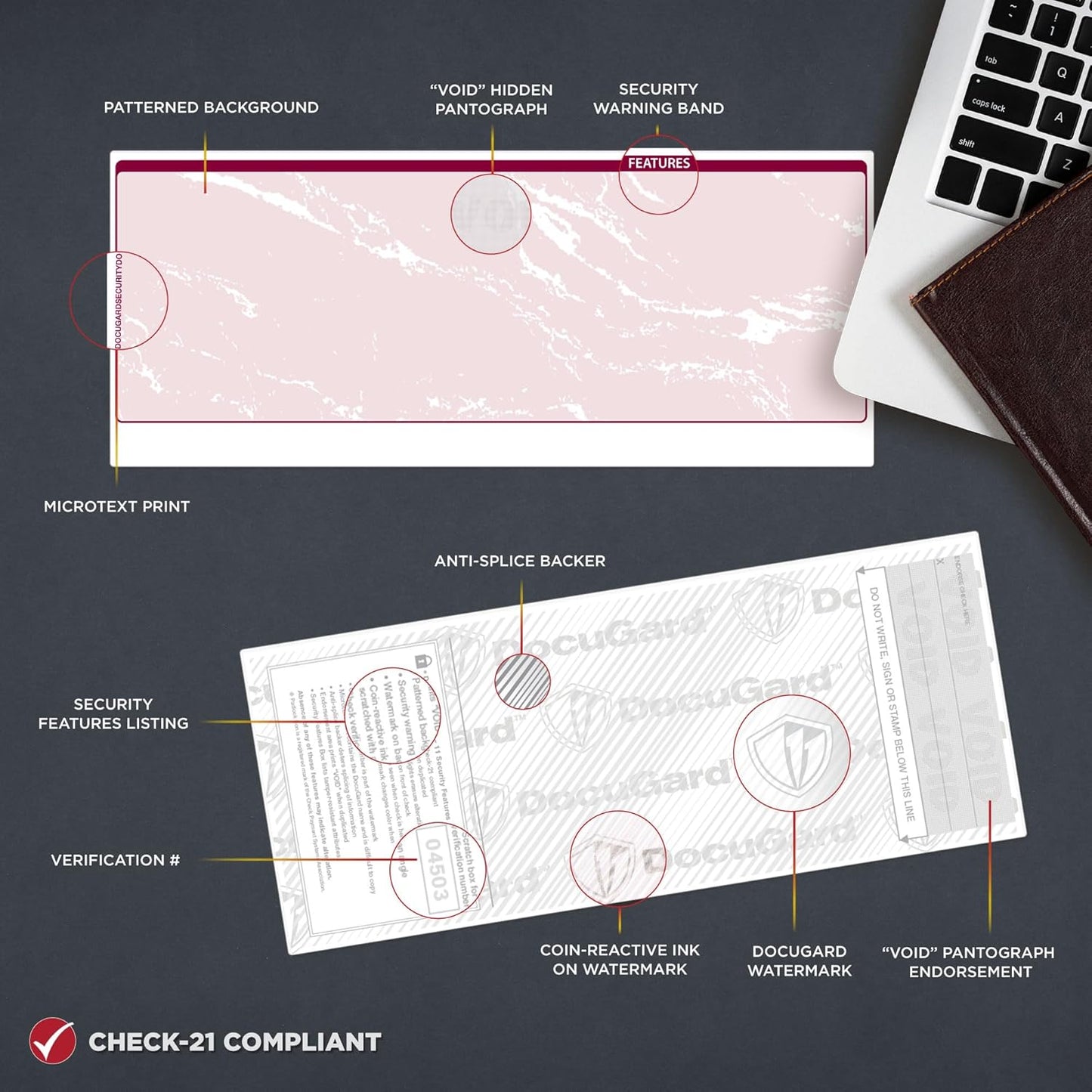 DocuGard Standard Burgundy Marble Top High Security Check Paper - Laser/Inkjet Printer Compatible - 11 Security Features - 500 Blank Business Checks (04503)