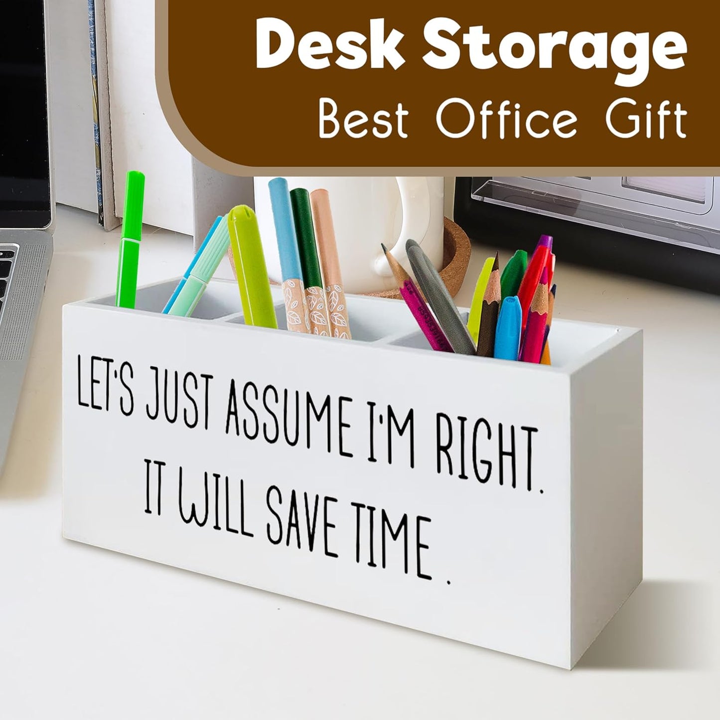 Boss's Day Gifts, Funny Desk Pen Holder Boss Gifts for Women, Let's Just Assume I'm Right Wooden Pen Pencil Holder Organizer for Office Desk Accessories