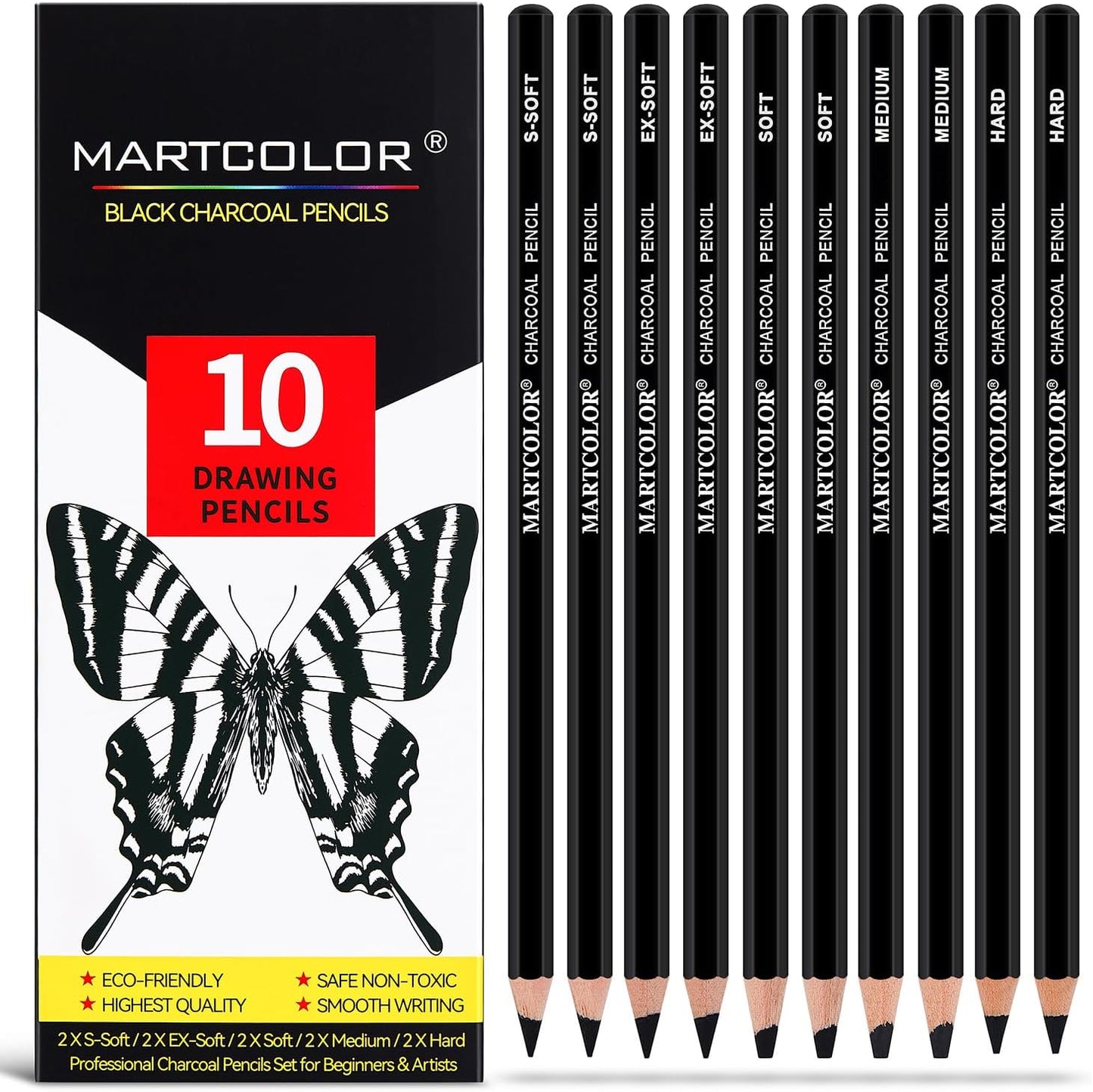 Charcoal Pencils for Drawing, 10 Pieces (S-Soft, Ex-Soft, Soft, Medium, & Hard) Black Charcoal Pencils for Sketching, Shading, Blending