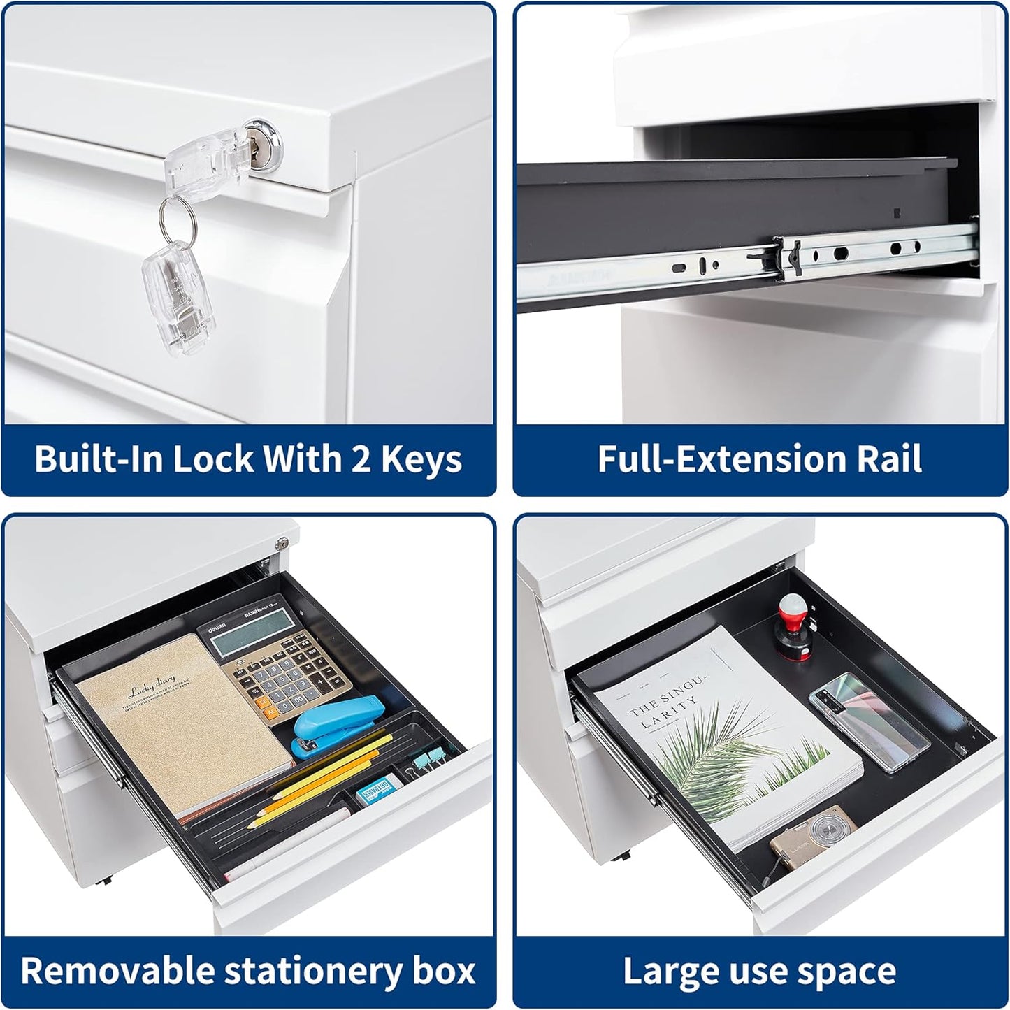 3 Drawers File Cabinet with Lock Metal Vertical File Cabient with Wheels Mobile File Cabinet for Office Home Fully Assembled (White)