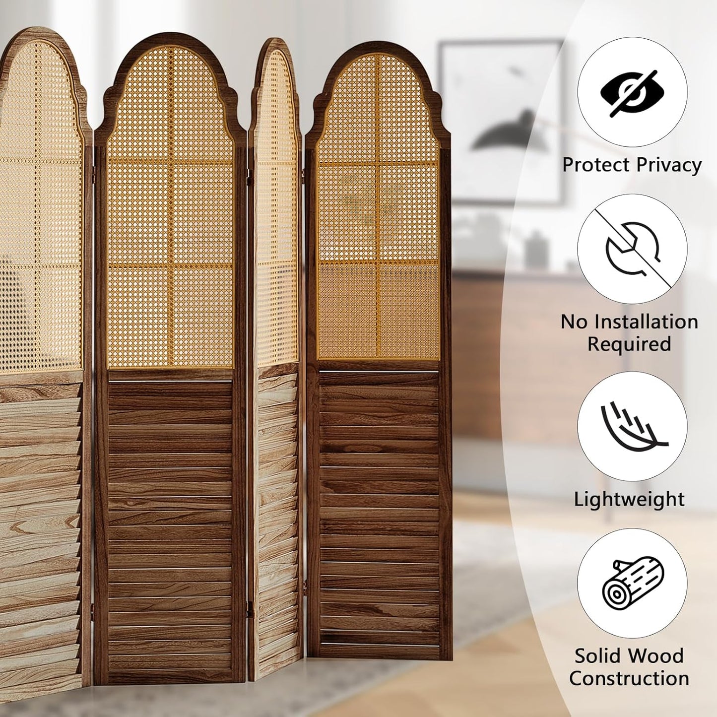 4 Panel Rattan Room Divider Panel, 5.6Ft Partitions and Dividers, Louvered Partition Divider, Room Dividers Screen, Solid Wood Frame, Folding Screen, Bedroom, Family Room, Dark Brown