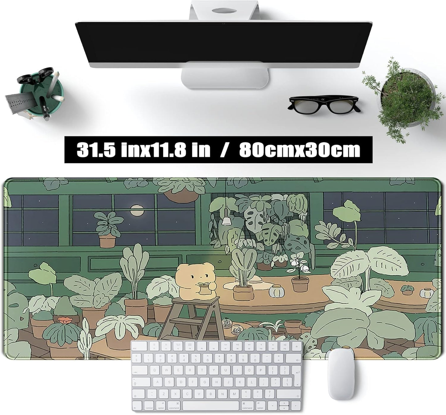 Kawaii Bear XL Gaming Mouse Pad & Desk Mat - 31.5x11.8 in, Aesthetic Brown & Green Forest Keyboard Pad