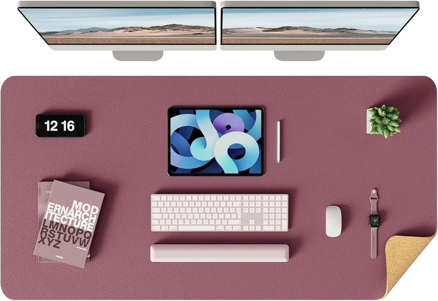 YSAGi Double-Sided Desk Pad, Leather Desk Mat, Eco Cork Desk Pad Protector, Large Mouse Pad for Desk, Waterproof Desk Blotter Pad, Desk Writing Pad for Office Work/Home(Cork+Dark Pink, 47.2" x 23.6")