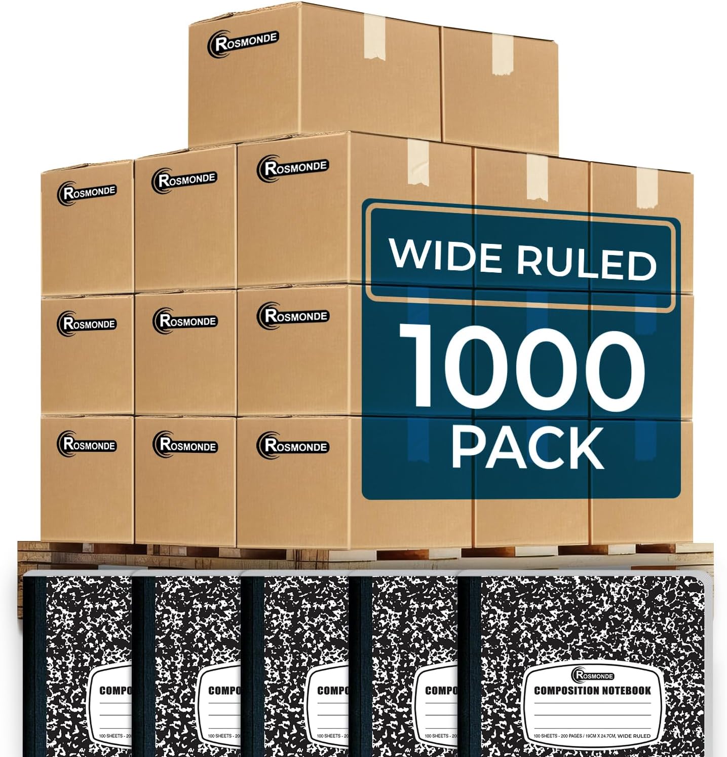 1000 Pack (Pallet) Composition Notebooks Bulk, Wide Ruled, Pallet of Notebooks, 200 Pages (100 Sheets), 9-3/4 x 7-1/2, Bulk Notebooks for School, Bulk Office Notebooks, 4-7 Days Transit
