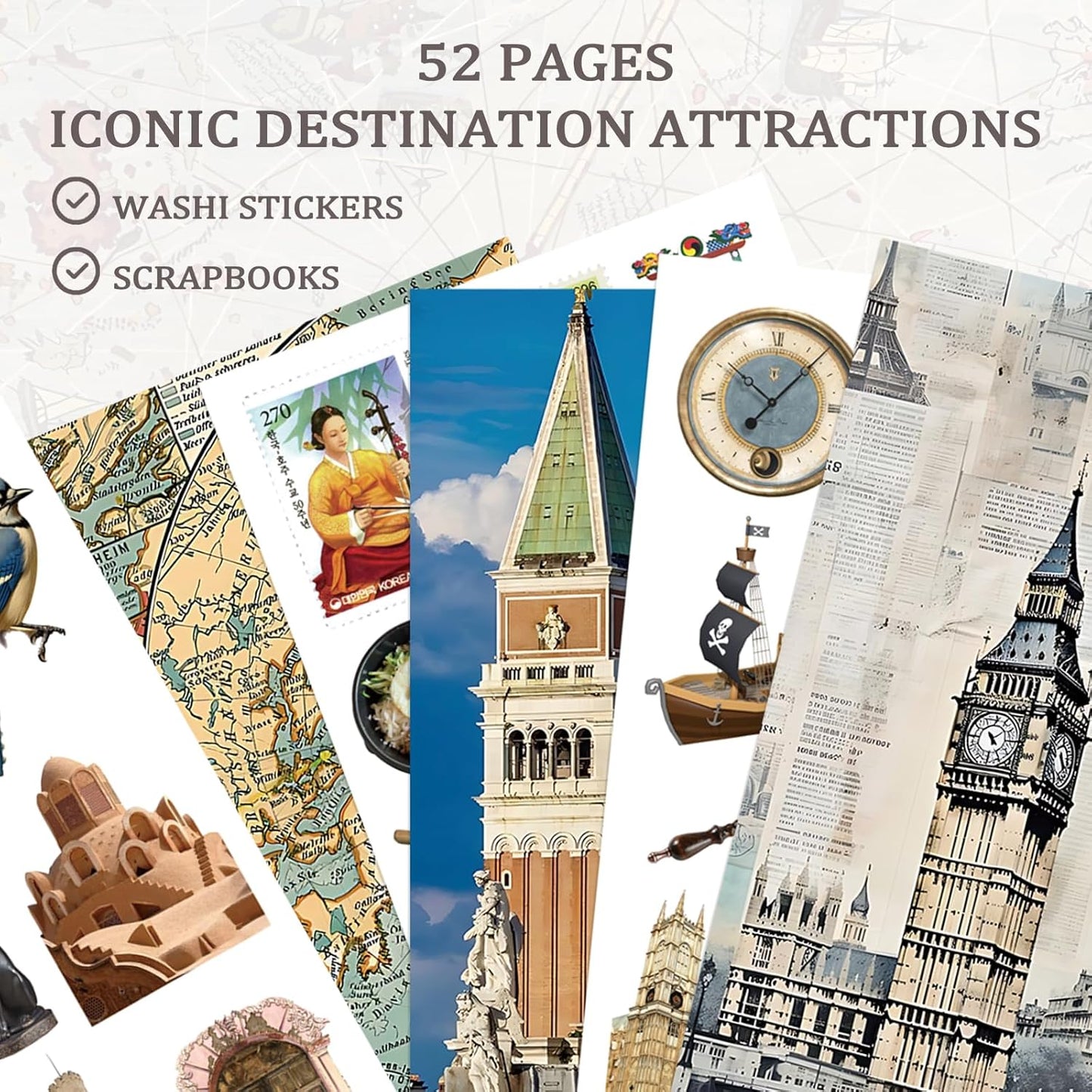 Travel Sticker Book, 32 Sheets 377 Pcs Vintage Aesthetics Stickers & 20 Sheets Washi Paper for Journaling Scrapbooking Bullet Journals Planners Letter Card Making