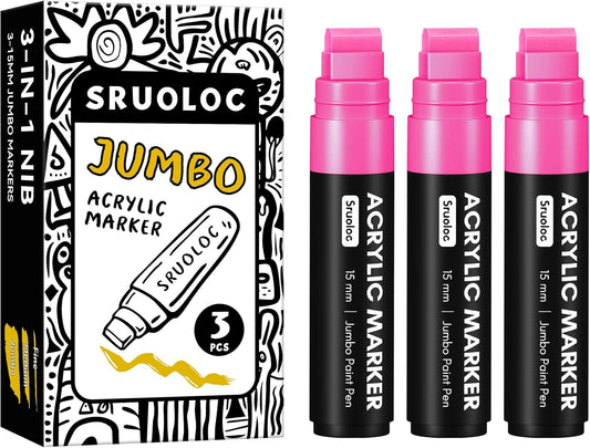 3 Jumbo Permanent Markers Pink, 15mm Thick Wide Tip, Large Acrylic Paint Markers for Rock Painting, Poster, Graffiti, Stone, Ceramic, Glass, Wood, Canvas