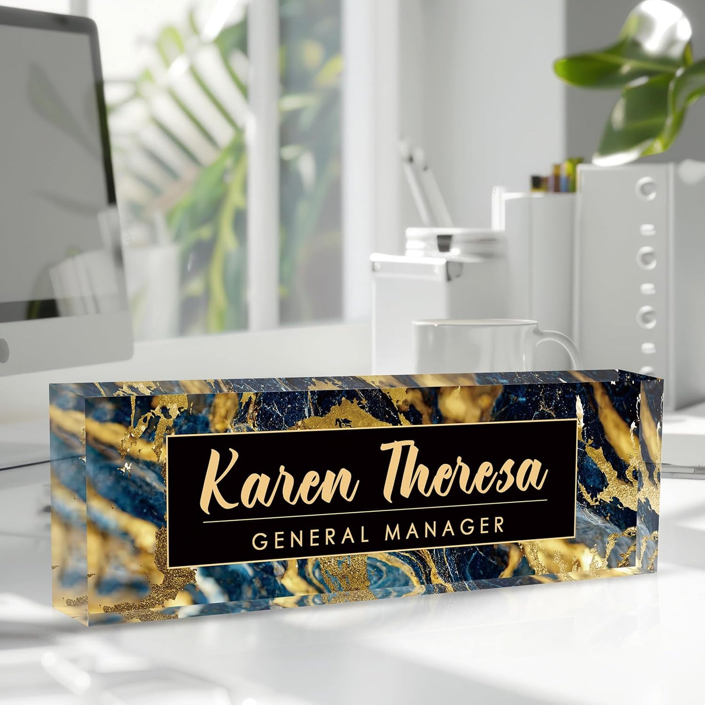 Custom Office Name Plate, Personalized Gifts for Men, Appreciation Gifts for Employees - Office Desk Accessory (Black Gold Marble)