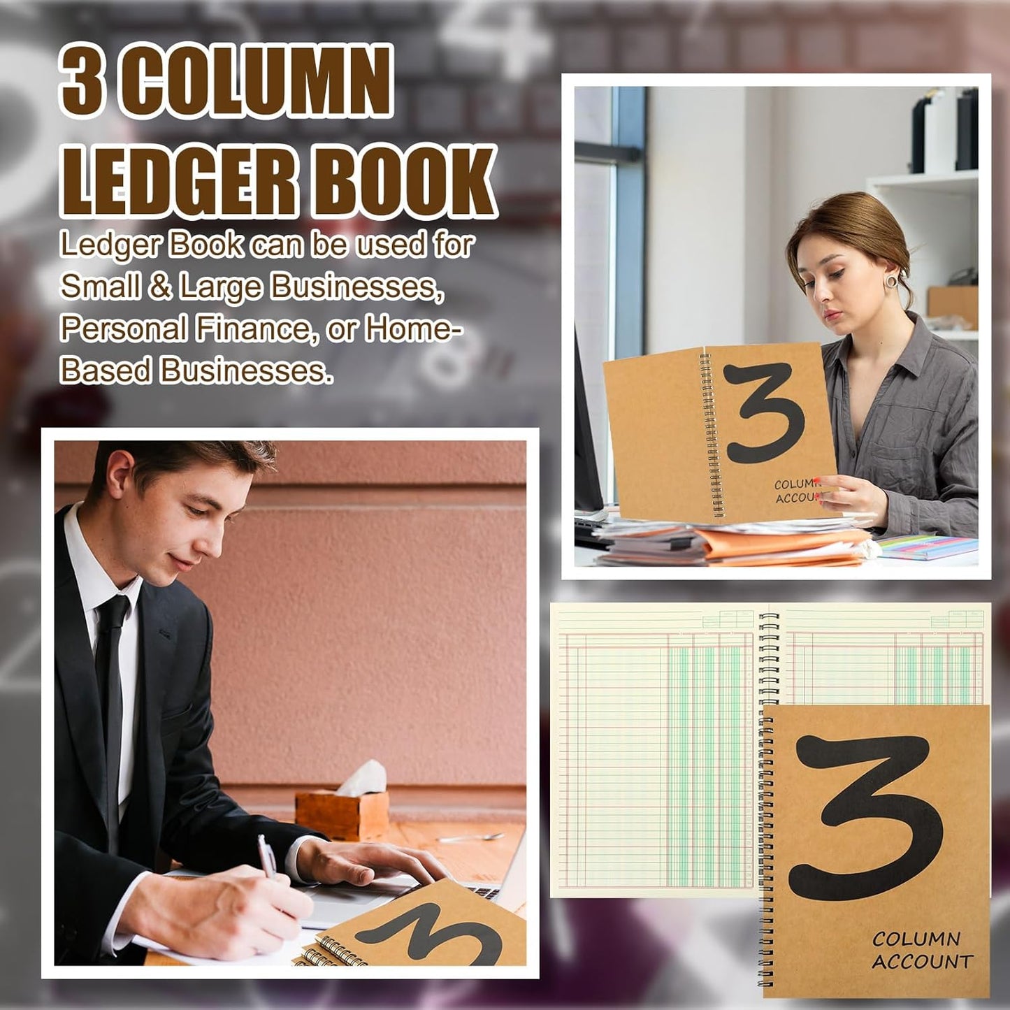 3 Pcs Accounting Ledger Book 3 Column 7 * 9.25inch Columnar Notebook Columnar Pad 3 Columns Kraft Paper Cover 100 Pages for Personal Use Small Business(50 Sheet)