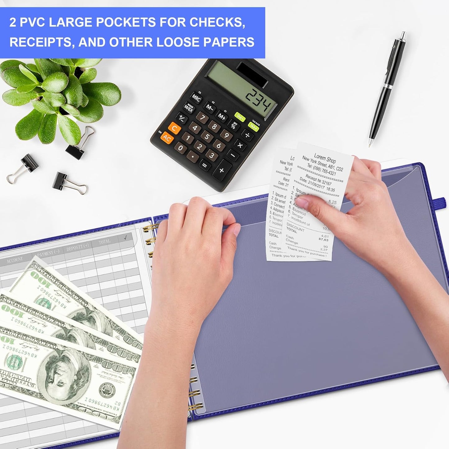 HAUTOCO Hardcover Accounting Ledger Book for Small Business Bookkeeping Horizontal Money Expense Tracker Notebook with 2 Storage Pouch, Personal Columnar Log Journal 10.78 x 8'', Navy Blue