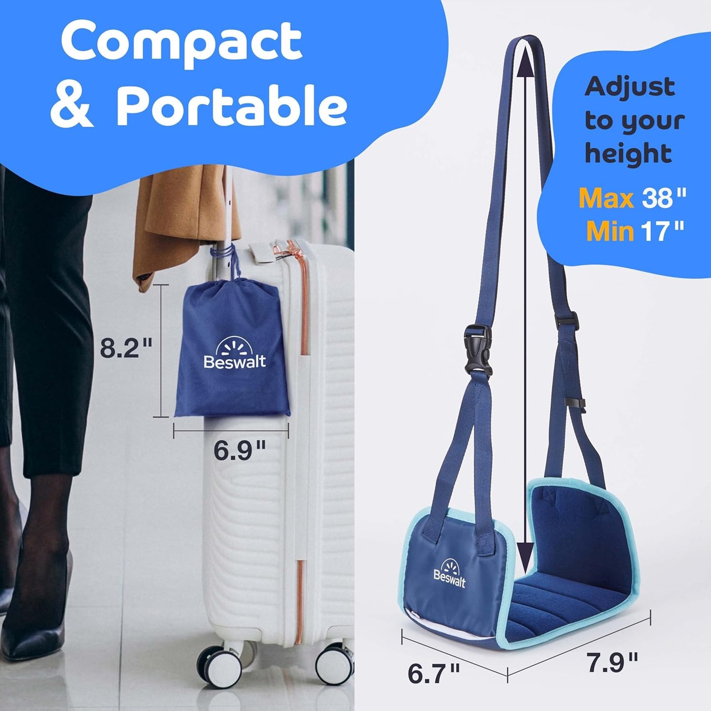 Portable Airplane Foot Hammock for Plane Travel with Memory Foam & Hardboard for No Feet or Leg Clashing - Long Flight Air Travel Essentials to Relax Feet Rest Flying Overseas by Beswalt (Navy Blue)