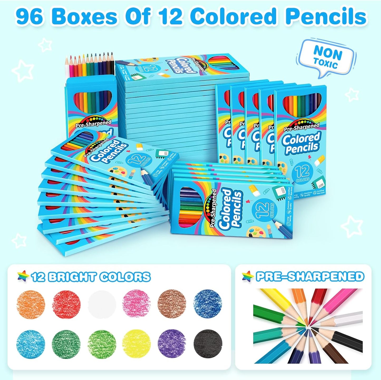 1152 Count Colored Pencils Bulk, 96 Pack Colored Pencils for Kids, Pre-sharpened Coloring Pencils in 12 Vibrant Colors, Bulk School Supplies for Teachers, Classroom Prizes, Drawing Art Supplies