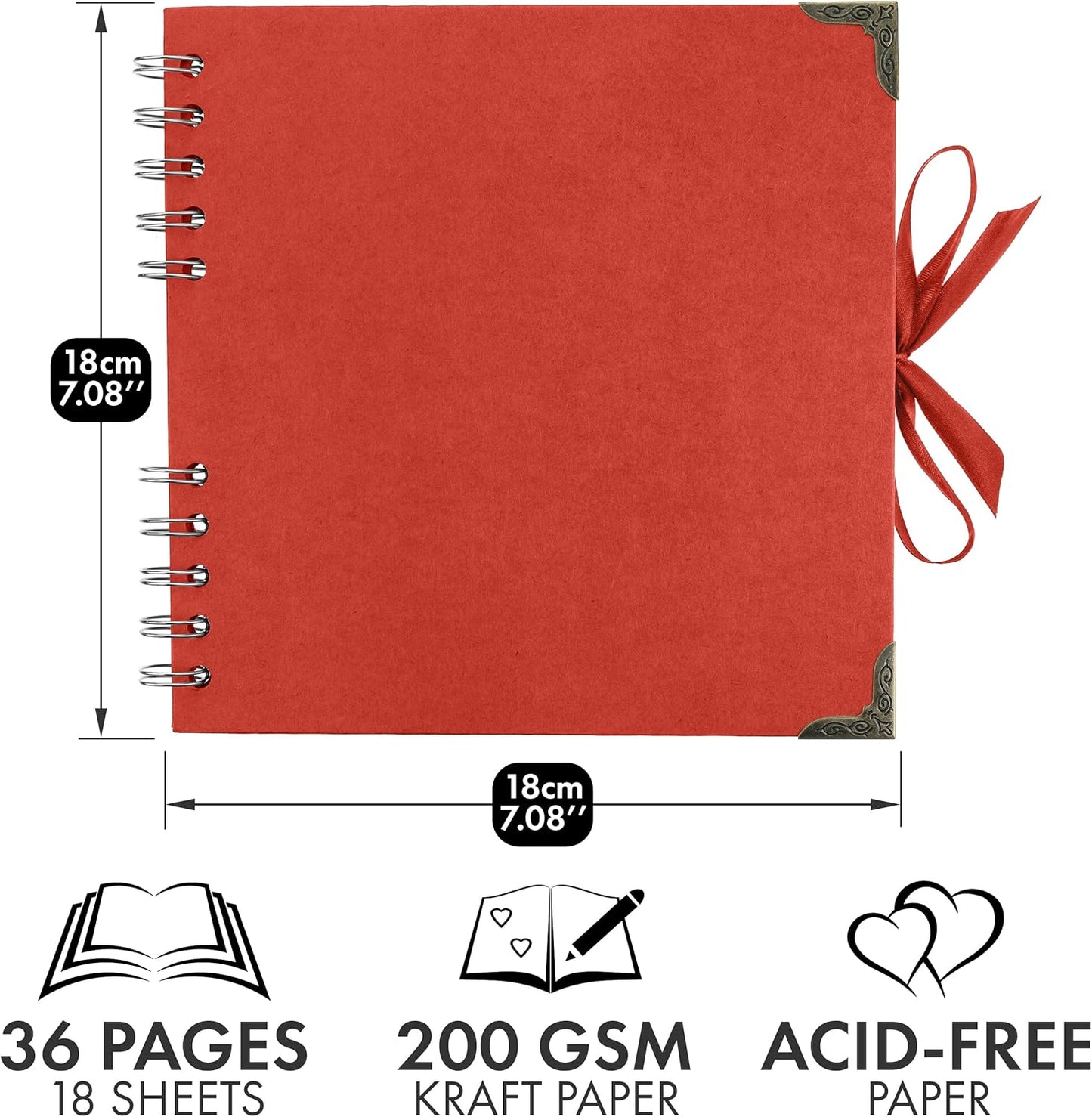 Bstorify Square Scrapbook Photo Albums 7 x 7 Inch Red Thick Paper, Hardcover, Metal Corners, Ribbon Closure - Ideal for Your Scrapbooking Albums, Art & Craft Projects