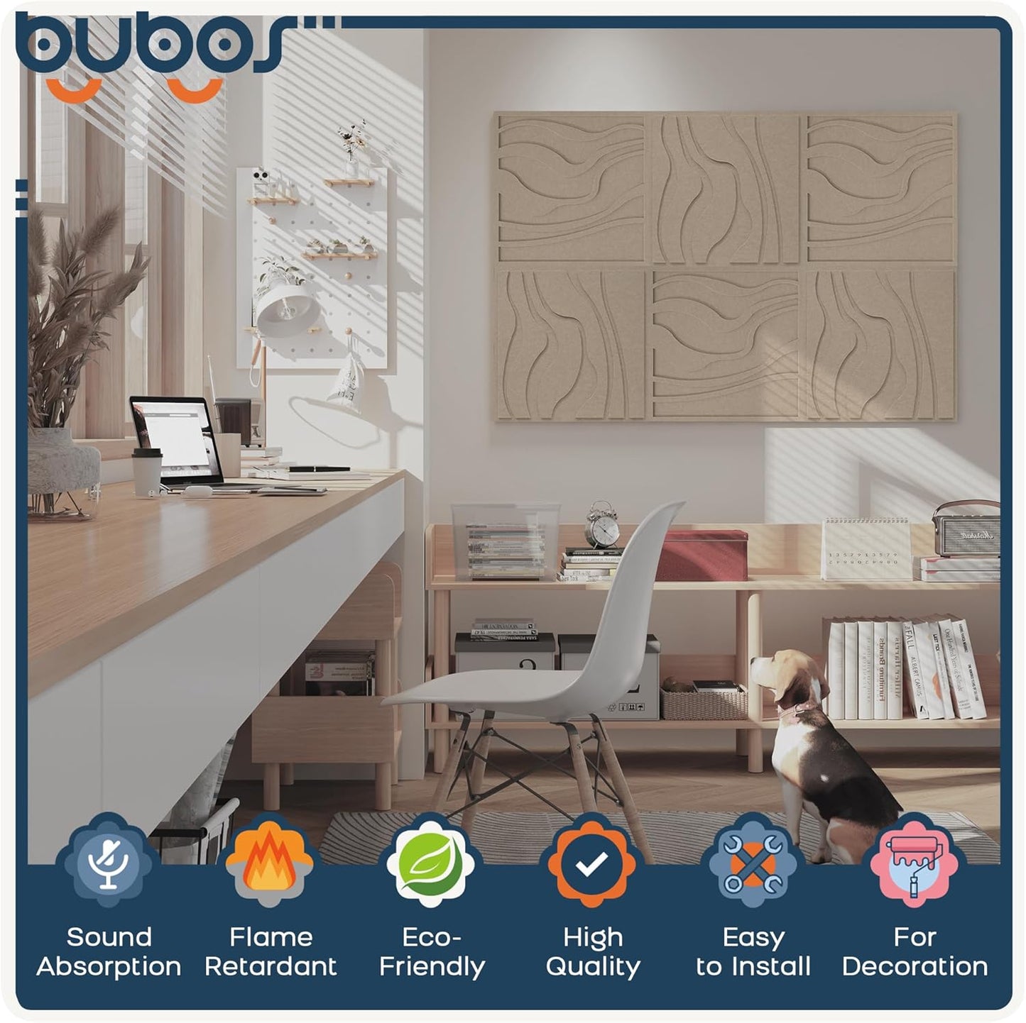 BUBOS Large Acoustic Panels, 6-Pack Soundproof Wall Panels Thickened 23.6 x 23.6 Inches, Self-adhesive Sound Absorbing Panels Decorative for Recording Studio Office Home Theater, Camel