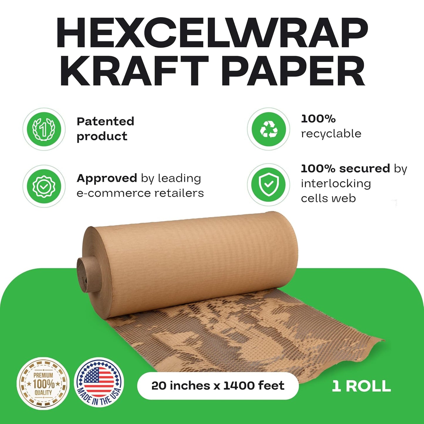 IDL Packaging 20" x 1400' Honeycomb Kraft Packing Paper Roll – Eco-Friendly USA-Made Wrap for Shipping, Moving & Storage - Bubble Wrap Alternative with Innovative Interlocking Slit Design