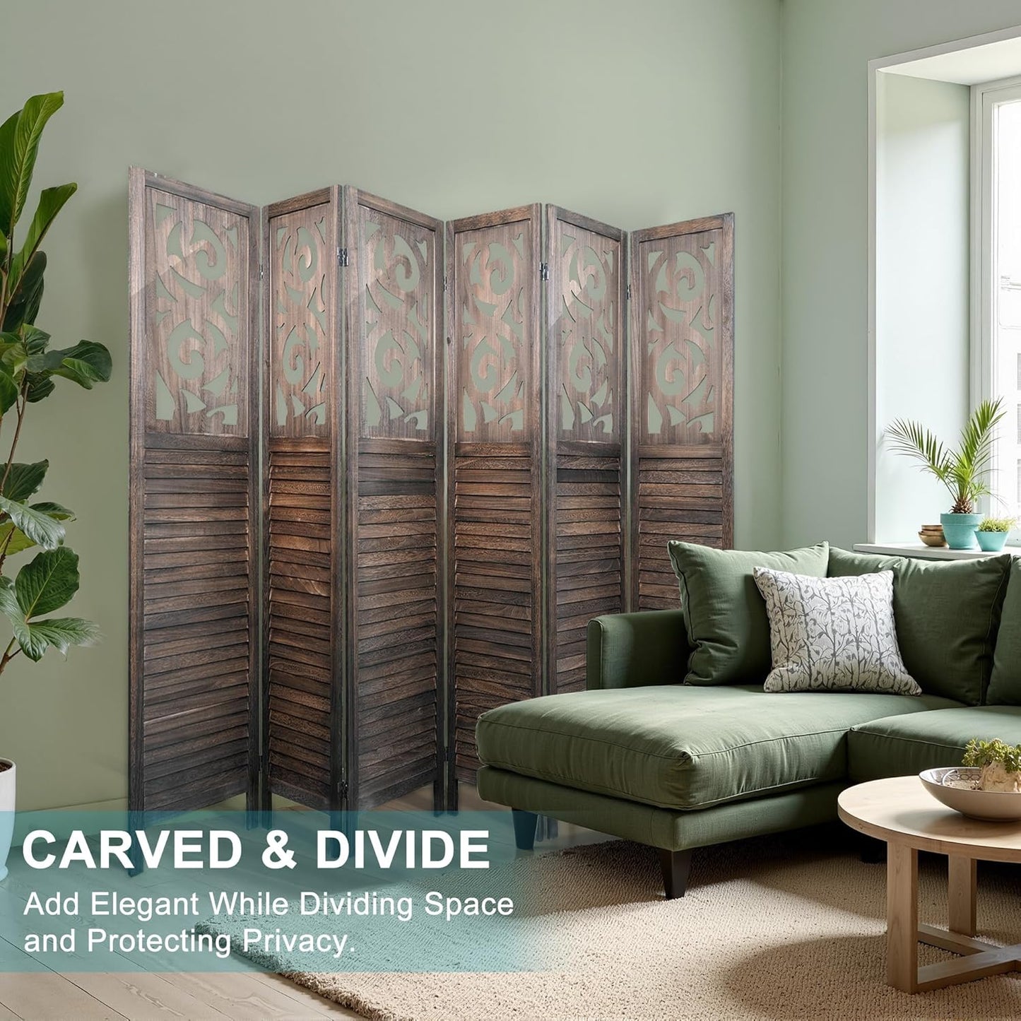 6 Panel Room Divider, 5.6FT Folding Carved Room Divider Screen, Free Assembled Freestanding Partition for Home Office Bedroom, Brown