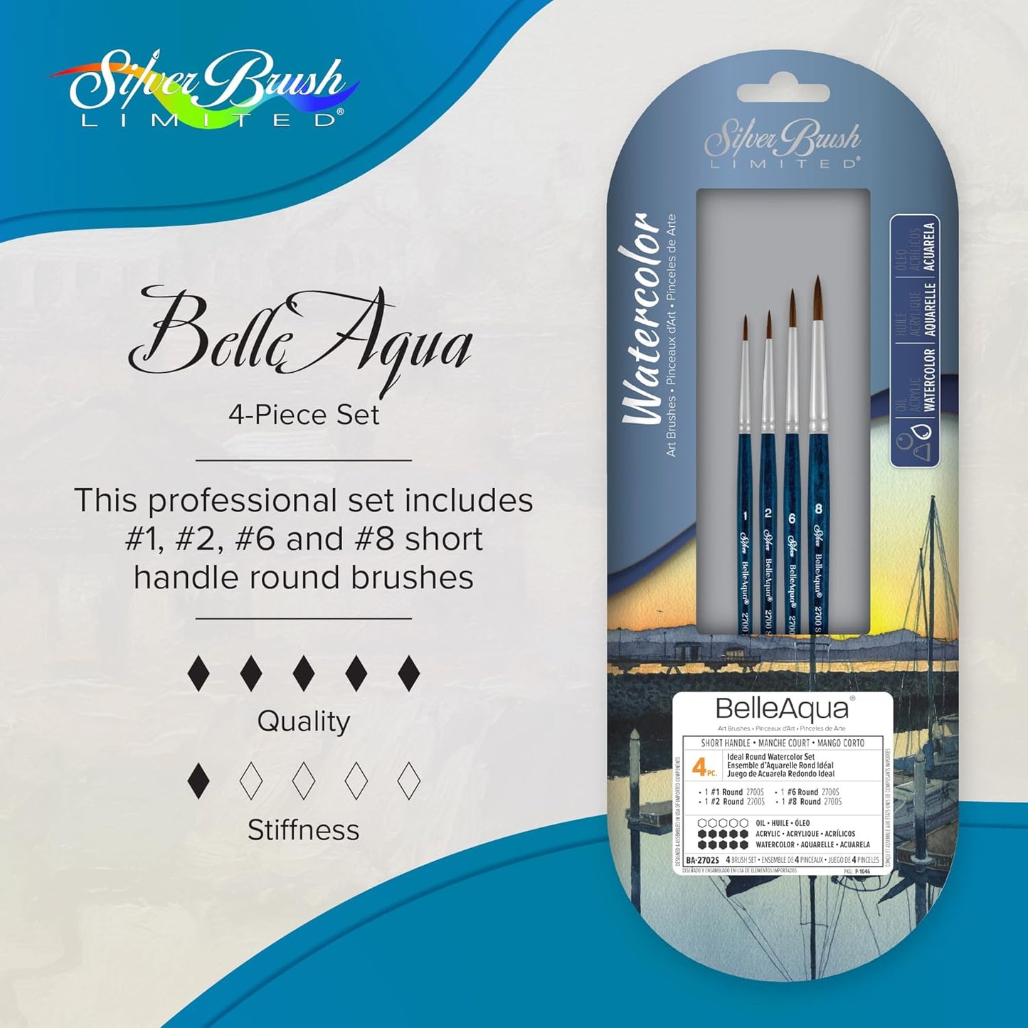 Silver Brush Limited BA-2702S BelleAqua Ideal Watercolor Brush Set, 4pc Professional Premium Soft Synthetic Sable Round Paint Brushes, Sizes 1, 2, 6, and 8