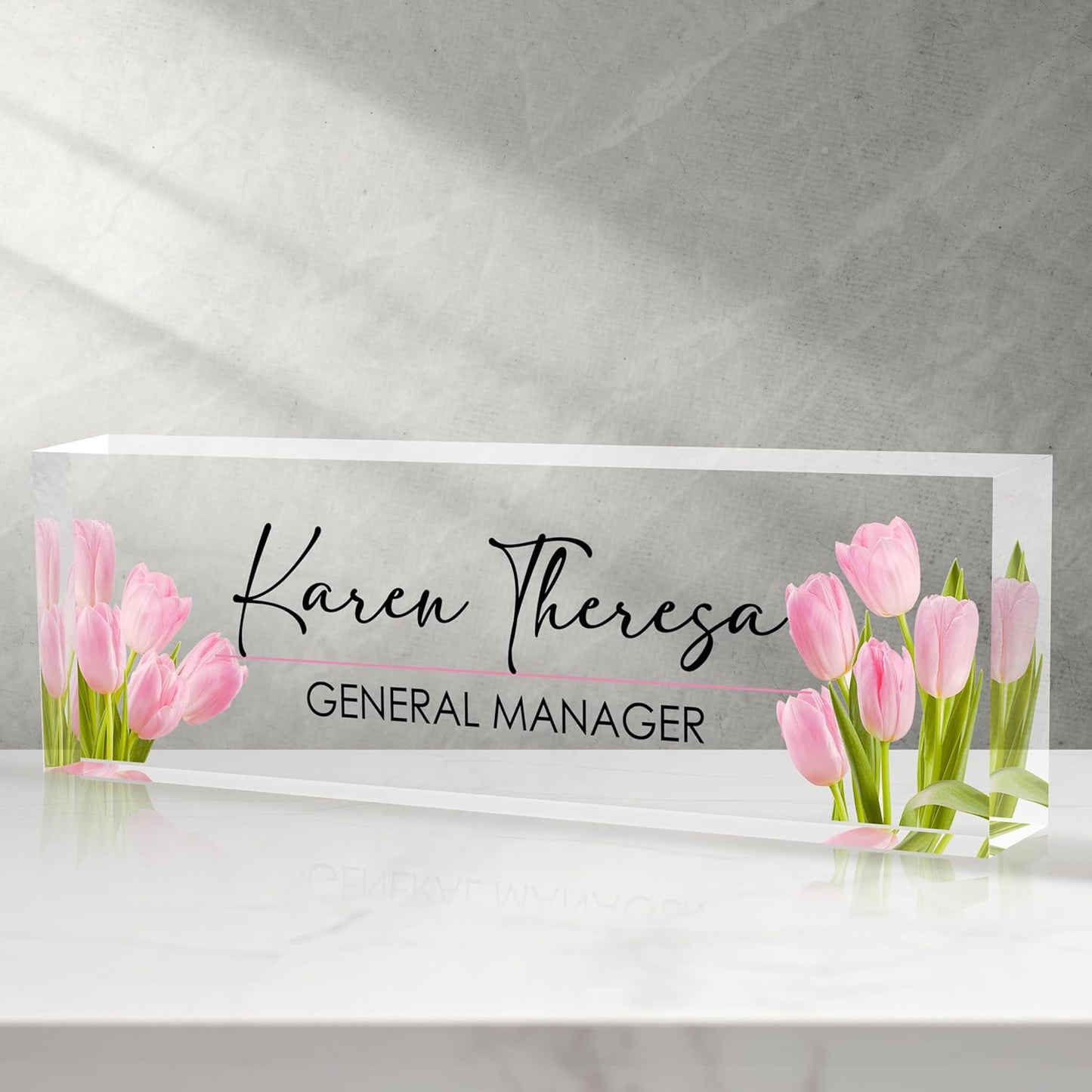 Custom Office Name Plate, Personalized Gifts for Women & Employees, Office Desk Accessory (Pink Tulip)