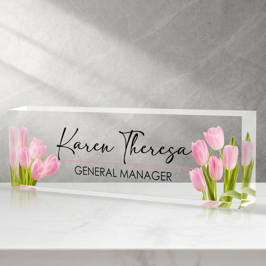 Custom Office Name Plate, Personalized Gifts for Women & Employees, Office Desk Accessory (Pink Tulip)