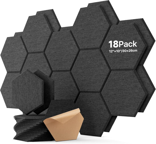 18 Pack Hexagon Acoustic Panels, Self-Adhesive Soundproof Wall Panels, High Density Acoustic Wall Panels, Sound Proofing Panels for Walls, Office, Reccording Studio, Ceiling 12" X 10" X 0.4" Black