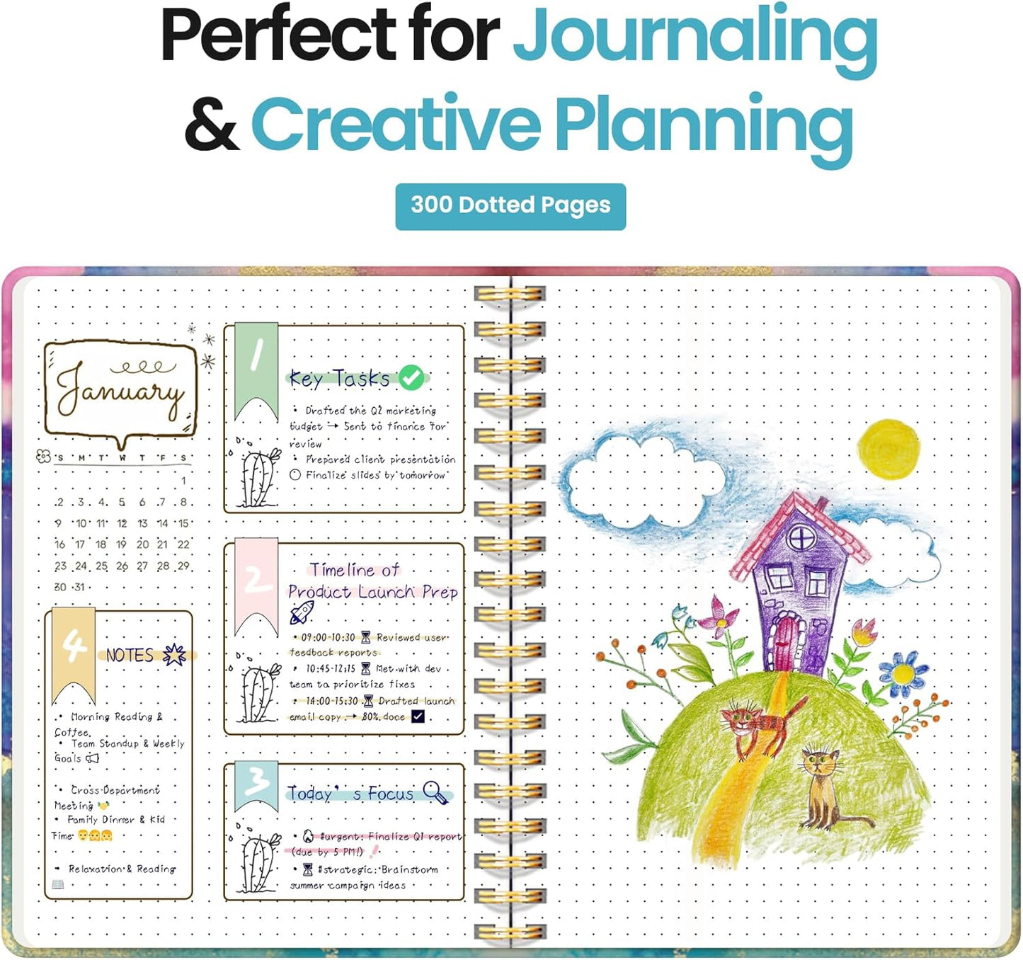 Spiral Dotted Notebook Journal for Work, 300 Pages, Thick B5 (7.1"x10") Bullet Dotted Journal for Women & Writing, Hardcover Notebook for Note Taking, Perfect for Work School Note Taking Business, Color Splash