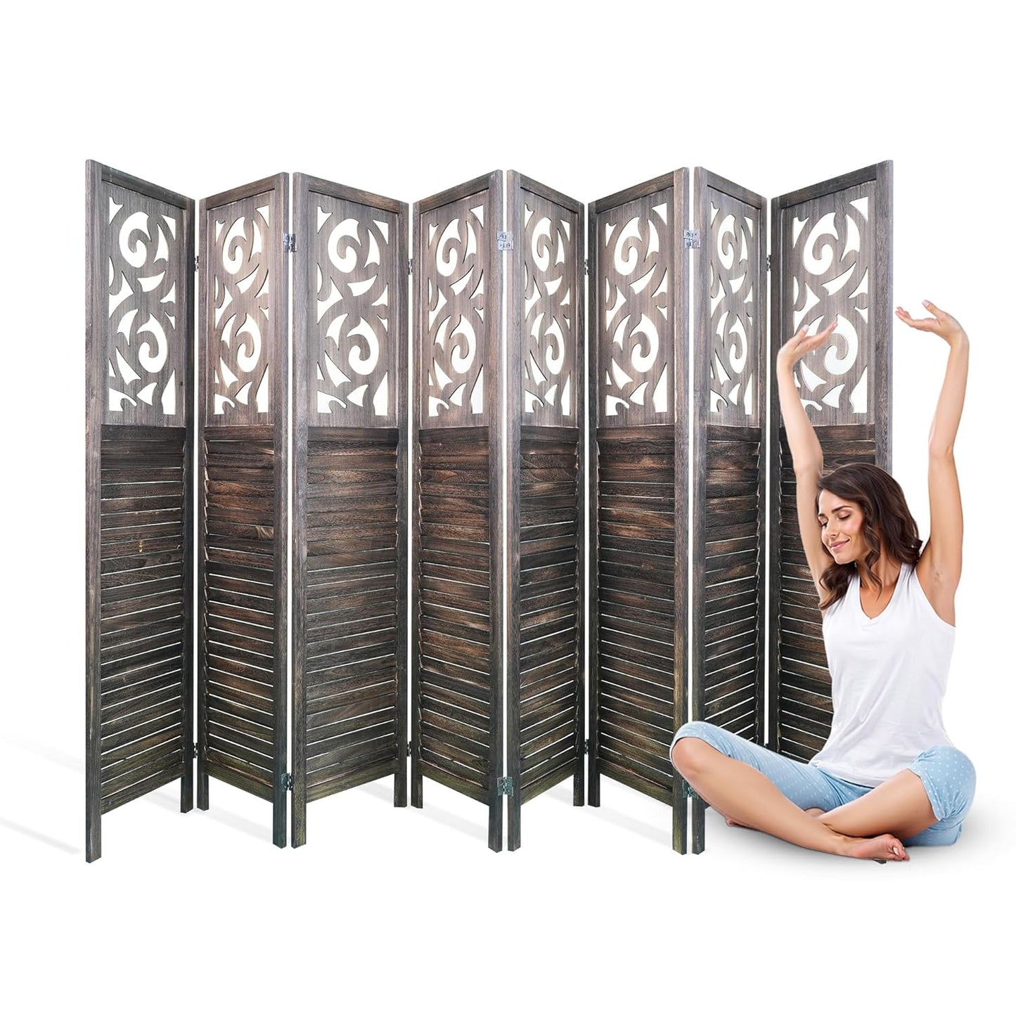 8 Panel Room Divider, 5.6FT Folding Carved Room Divider Screen, Free Assembled Freestanding Partition for Home Office Bedroom, Brown