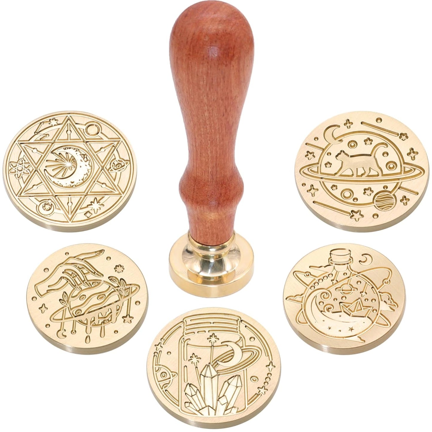 SWANGSA Magic Space Wax Seal Stamp Gift Box Set, Vintage 6 Sealing Stamp Heads + 1 Wooden Hilt, Wax Stamp Kit for Party Invitations, Envelops, Cards and Gift Packaging (Magic Space)