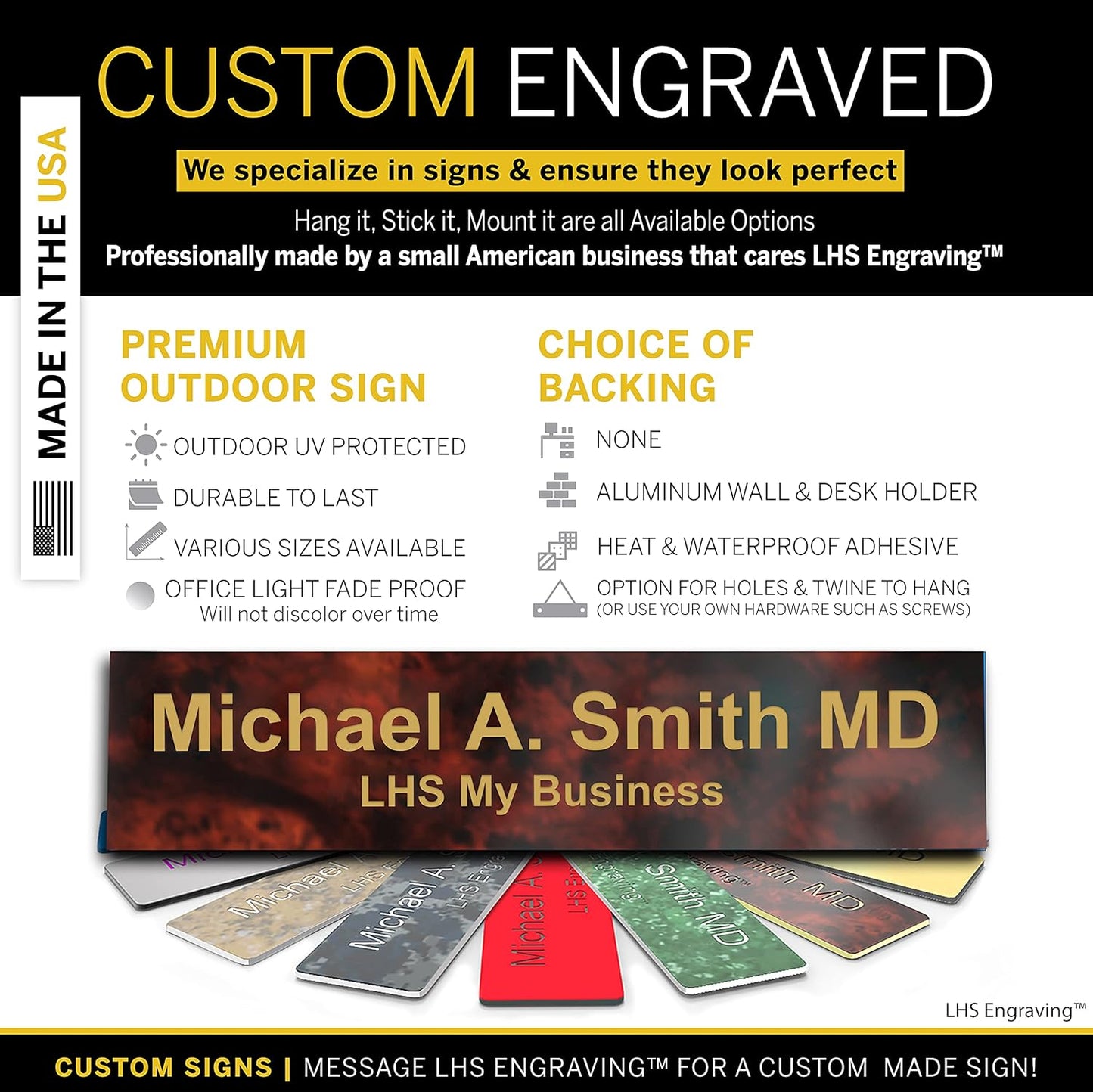 Engraved Name Plates for Door Sign Personalized Burlwood Plastic Plaque with Gold Letters - Made in USA 2x8 N2