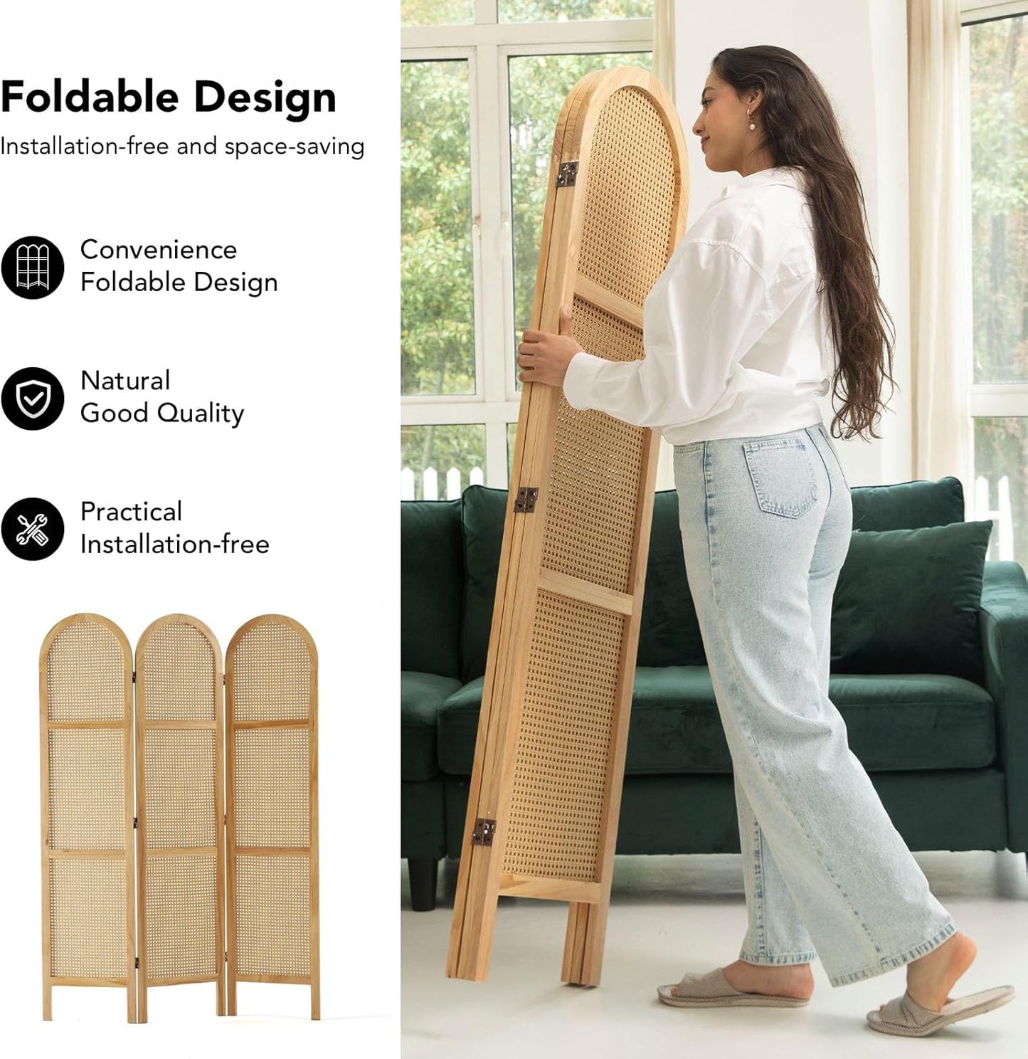 Room Dividers and Folding Privacy Screens, Pine Wood 5.6 Ft Double Hinged Rattan Partition Freestanding Wall Room Divider for Home - 3 Panels (Natural)