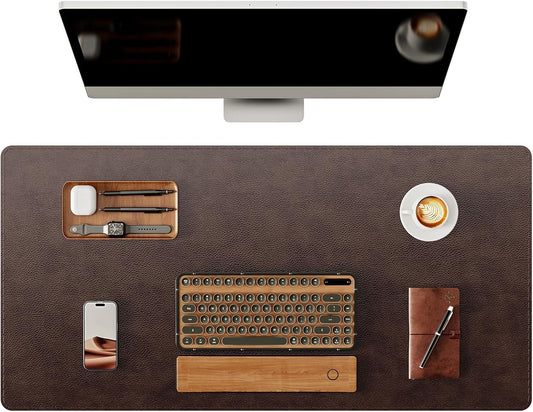 YSAGi Genuine Leather Desk Mat, 35.4"X17" Office Desk Pad, Thick Premium Table Pad with Stitched Line, Non-Slip Laptop Writing Pad with Rubber Base (Dark Brown, 35.4"x17")
