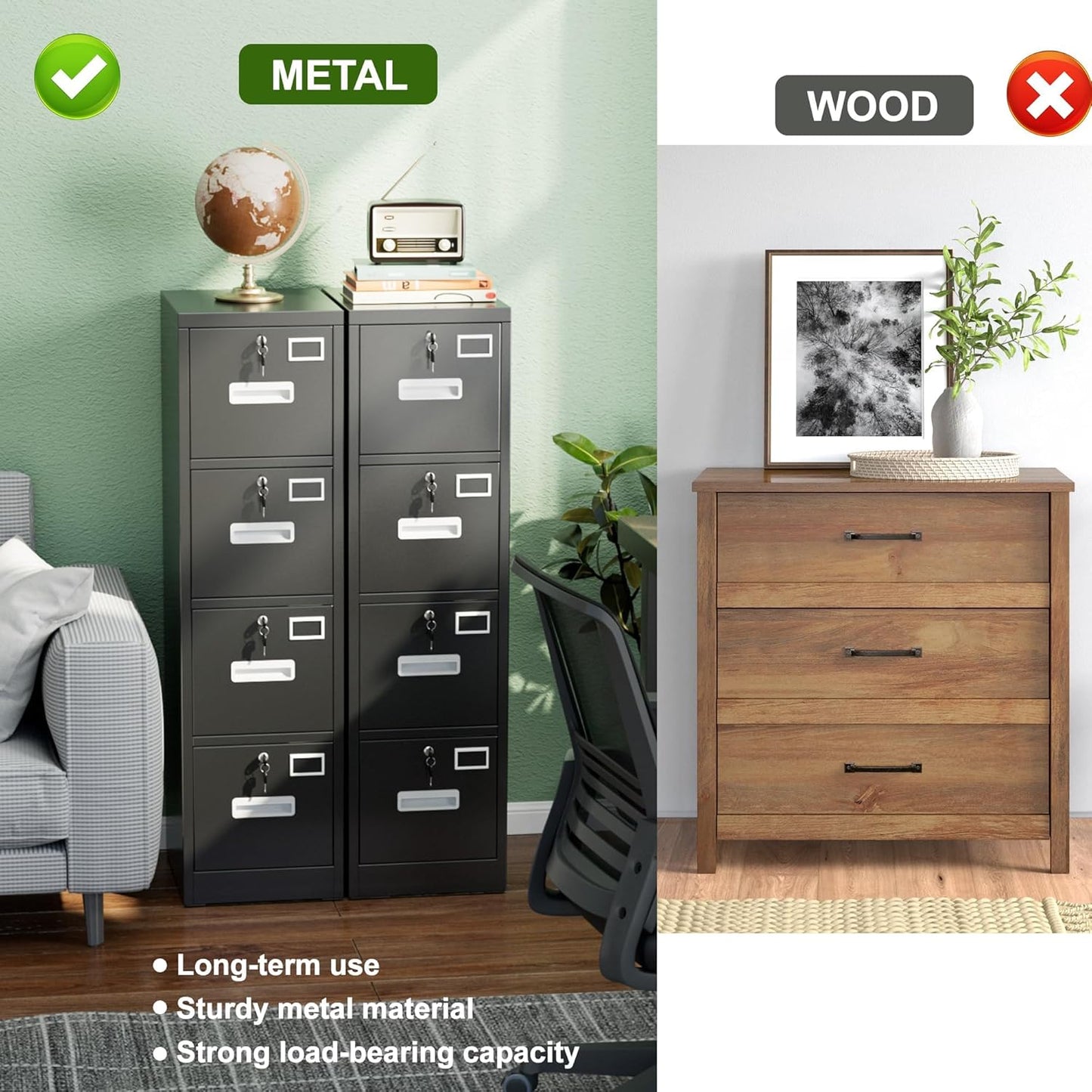 Aobabo 4 Drawer File Cabinet, Metal Filing Cabinet with Lock, Suitable for Home Office School Hanging Files Letter/Legal/A4 Size,Black,Required-Assembly,17.72" D x 14.96" W x 55.2" H