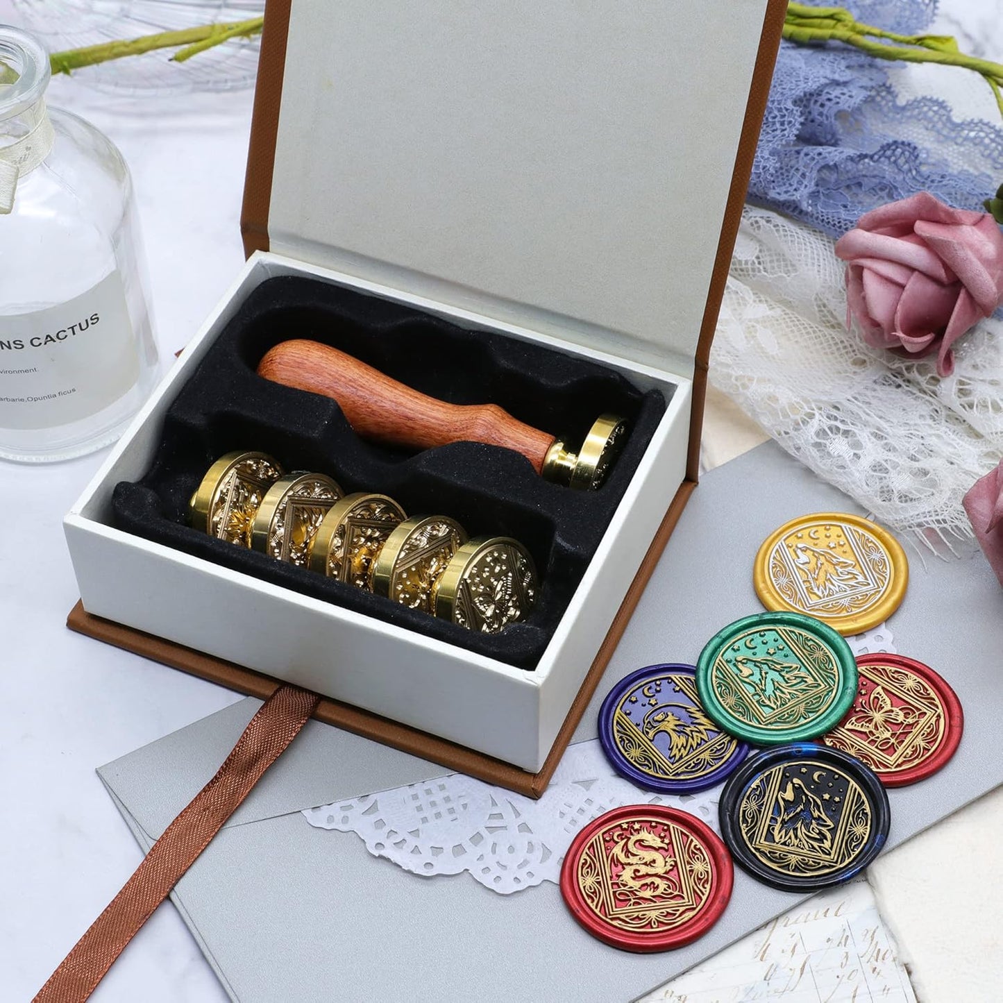 SWANGSA Wax Seal Stamp Set, Vintage 6 Pieces Sealing Wax Stamp Heads and 1 Wooden Handle for Wedding Party Invitations, Letters, Envelopes, Christmas (Starry Animals Set)
