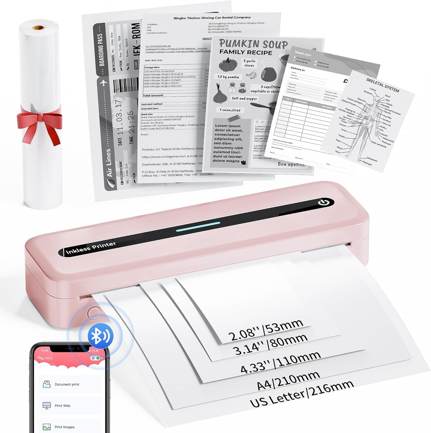 COLORWING Portable Printers Wireless for Travel, 300DPI Mini Compact Inkless Printer, Thermal Bluetooth Printer Compatible with Android and iOS Smartphone & Tablet & Laptop - Pink