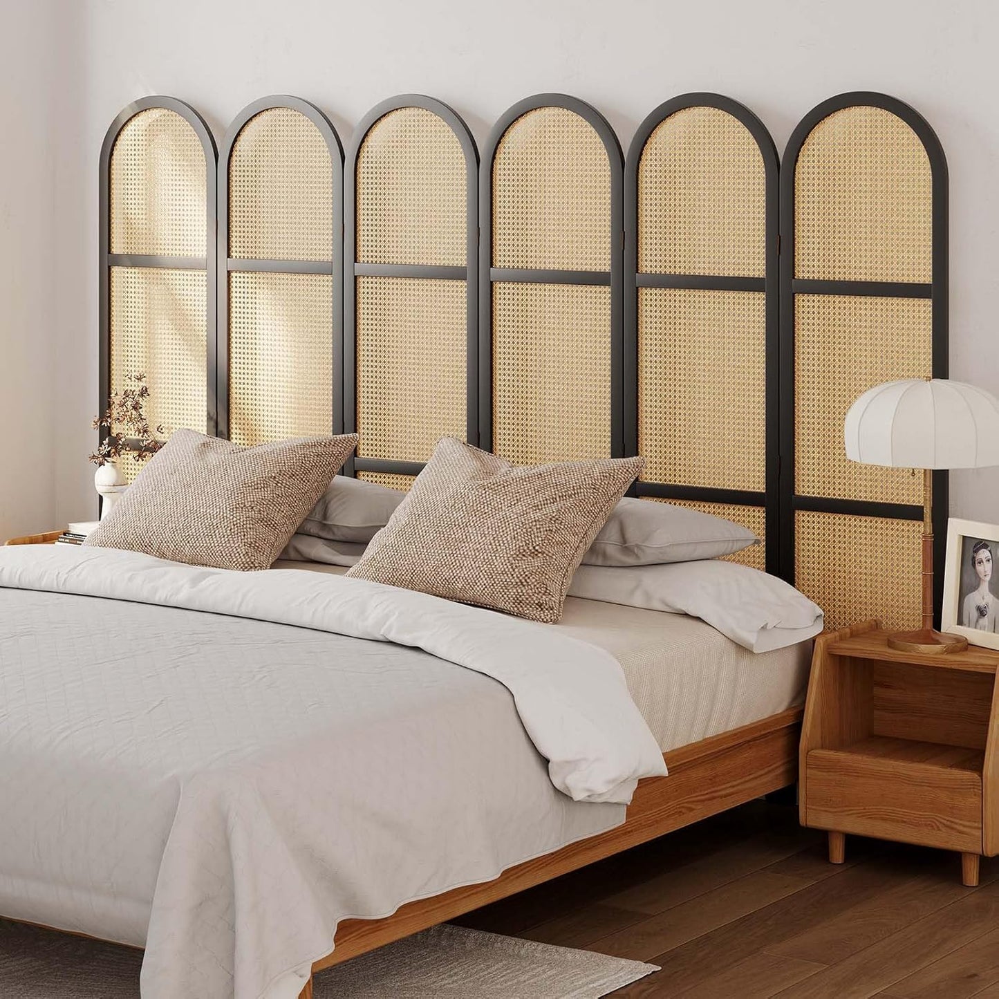 Room Dividers and Folding Privacy Screens, 5.6 Ft Double Hinged Rattan Partition Freestanding Wall Room Divider for Home - 6 Panels (Black)