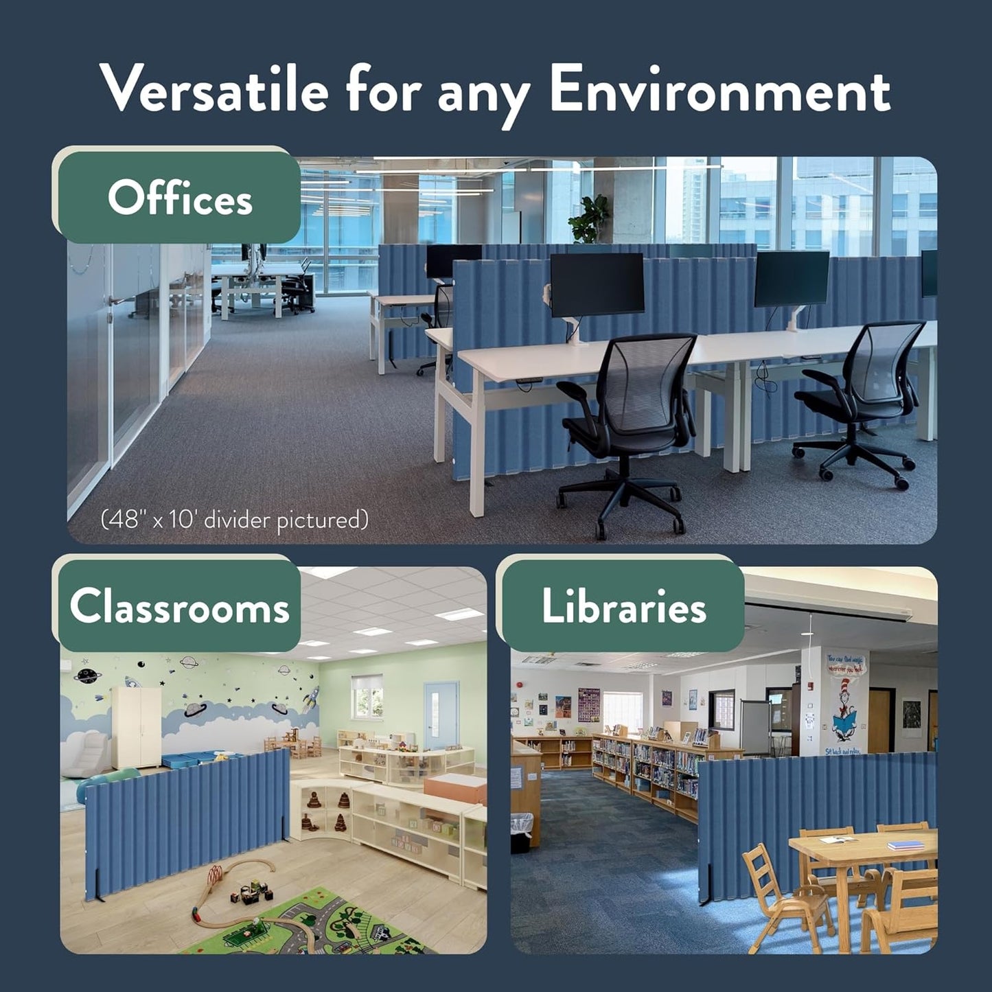 Children’s Factory 30" x 10' Quiet Divider With Sound Dampening Panels, Freestanding Room Divider Wall, Blueberry