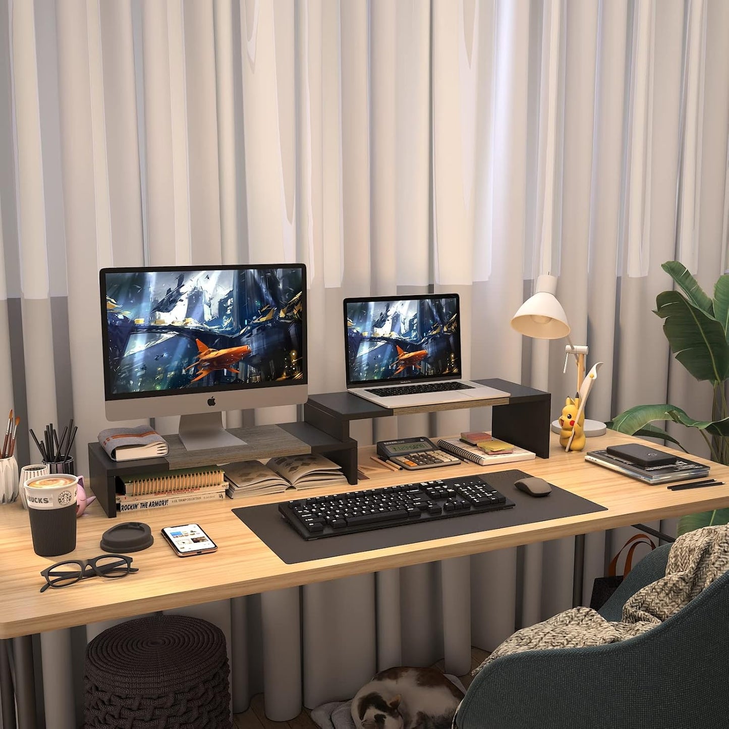 WESTREE Dual Monitor Stand Riser - 2 Shelf Computer Stand with Adjustable Length and Angle, Desktop Organizer for 2 Monitors