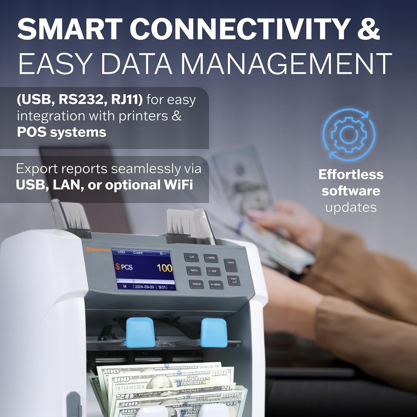 CARNATION CR1450 Multi-Currency Bill Counter and Sorter with Counterfeit Detection - Money Counter Machine with MG, IR, MT, UV & CIS Image Recognition